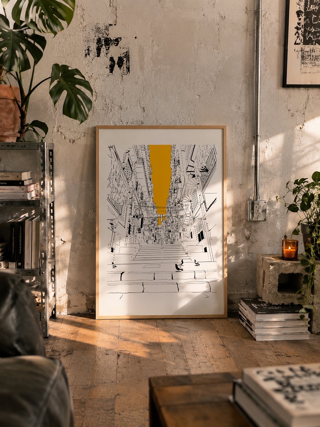 Framed Naples staircase alley print leaning against a textured wall in an industrial loft with plants and metal shelving

