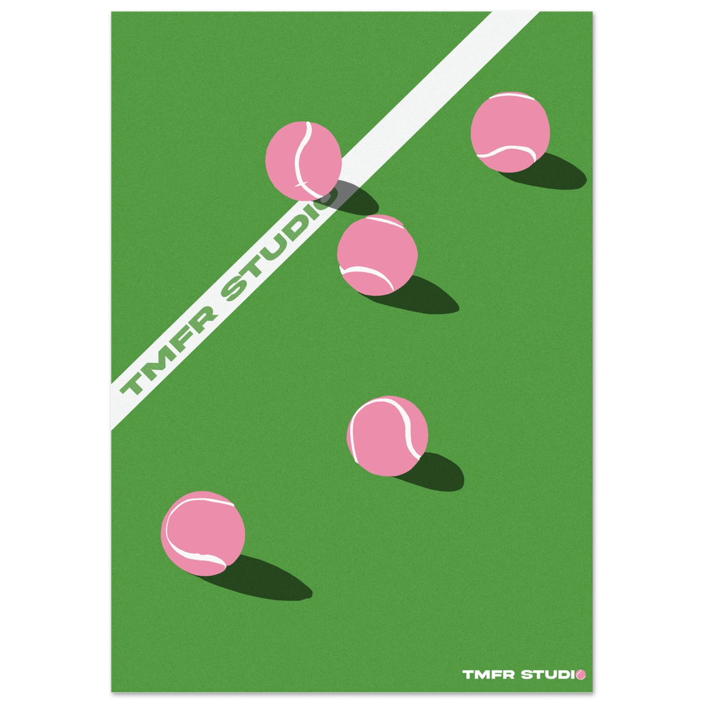 ink tennis balls on a green tennis court, featuring 'TMFR Studio' branding.