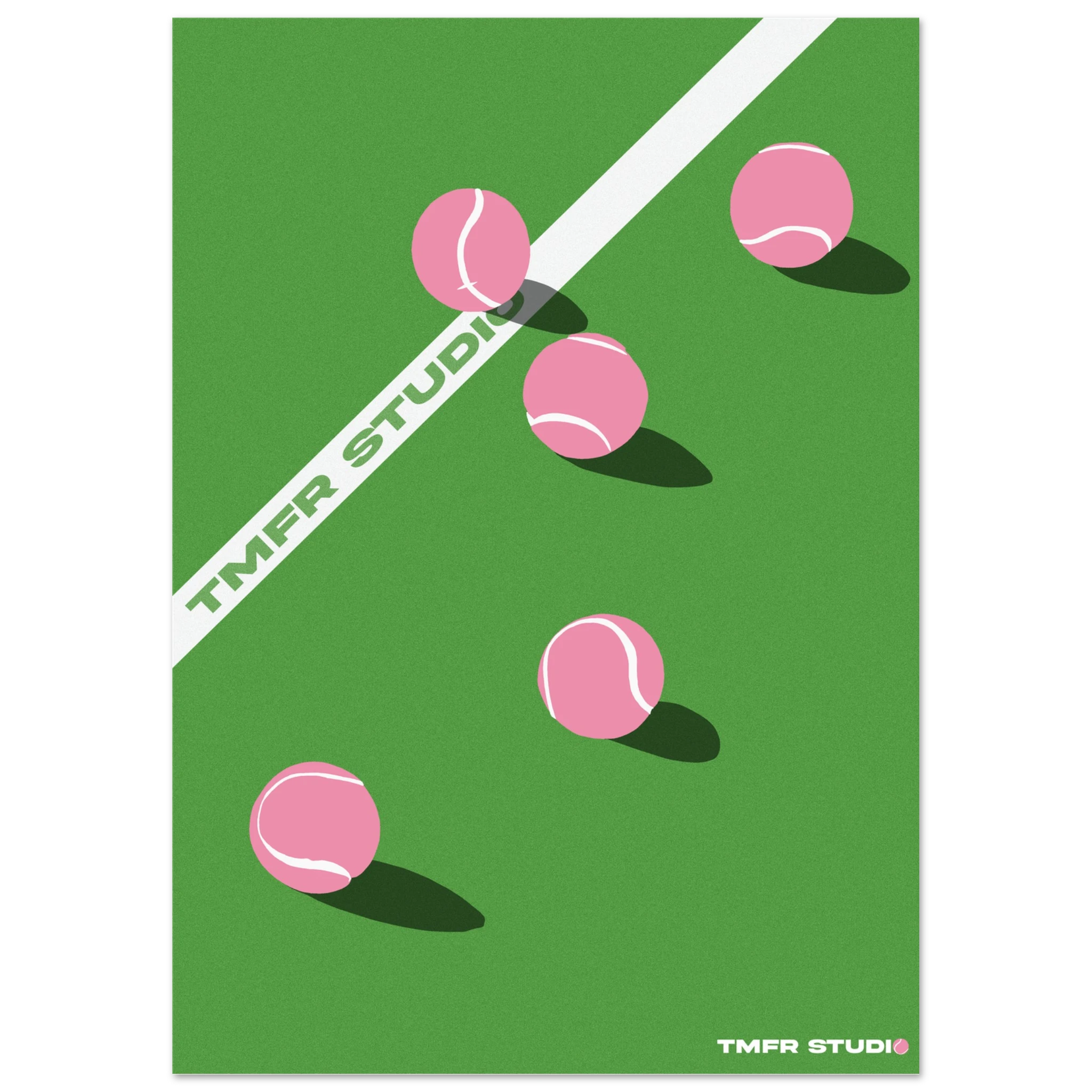ink tennis balls on a green tennis court, featuring 'TMFR Studio' branding.