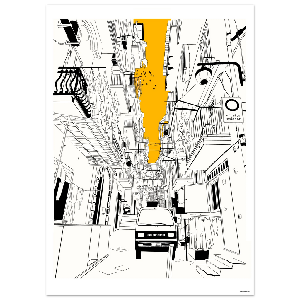 Illustration of a narrow street with a car, buildings, and abstract elements. Naples