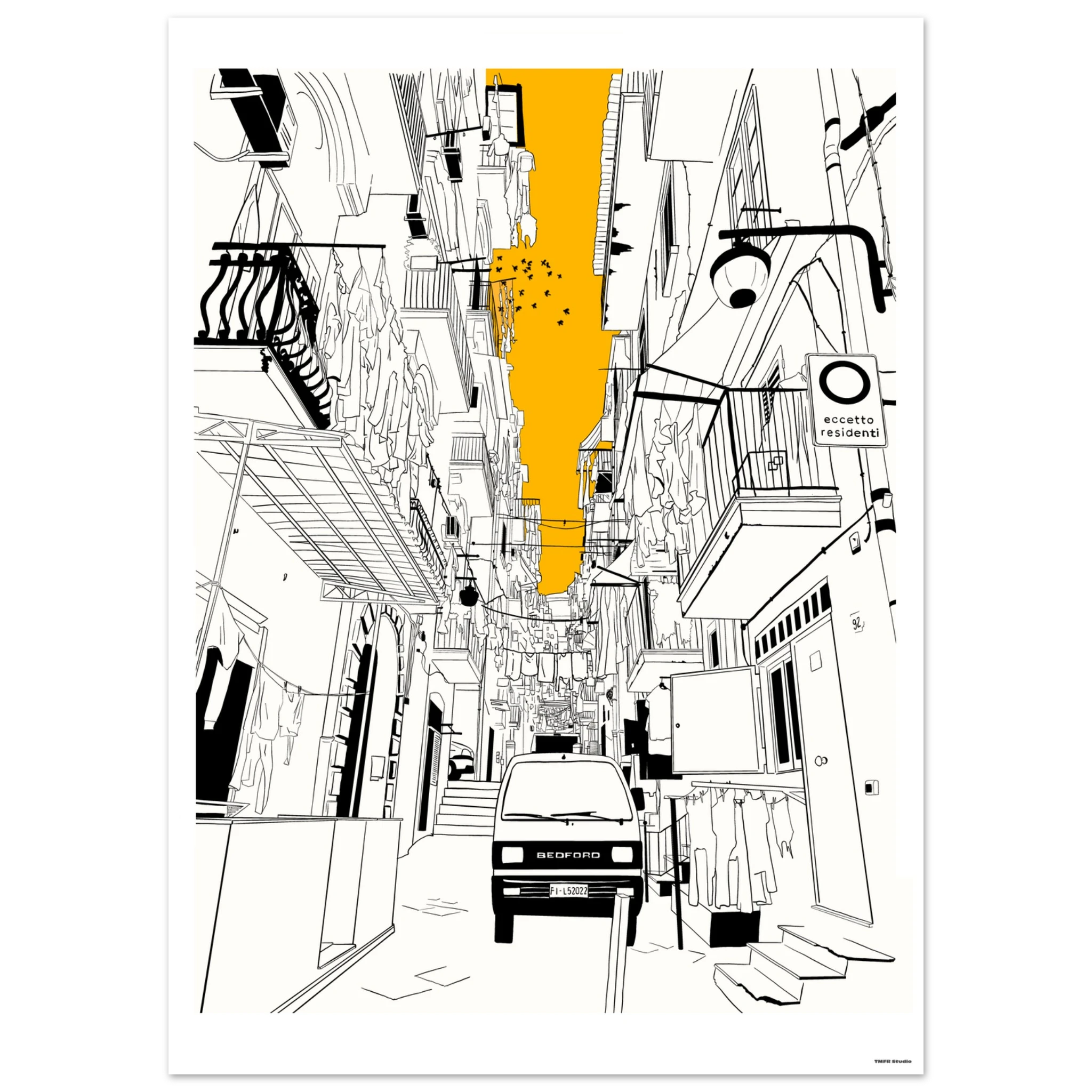 Illustration of a narrow street with a car, buildings, and abstract elements. Naples