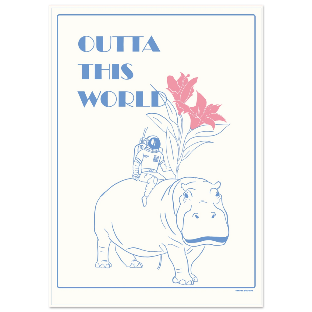 Outta This World poster with an astronaut on a hippo leaning against a wall in a bedroom
