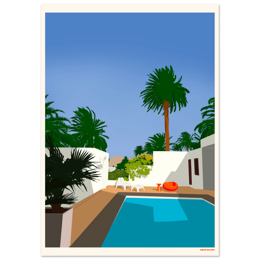 Illustration of a swimming pool surrounded by palm trees, white walls, and lounge chairs under a clear blue sky
