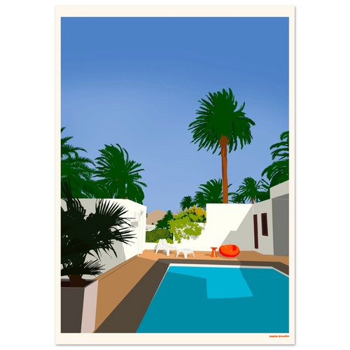 Illustration of a swimming pool surrounded by palm trees, white walls, and lounge chairs under a clear blue sky
