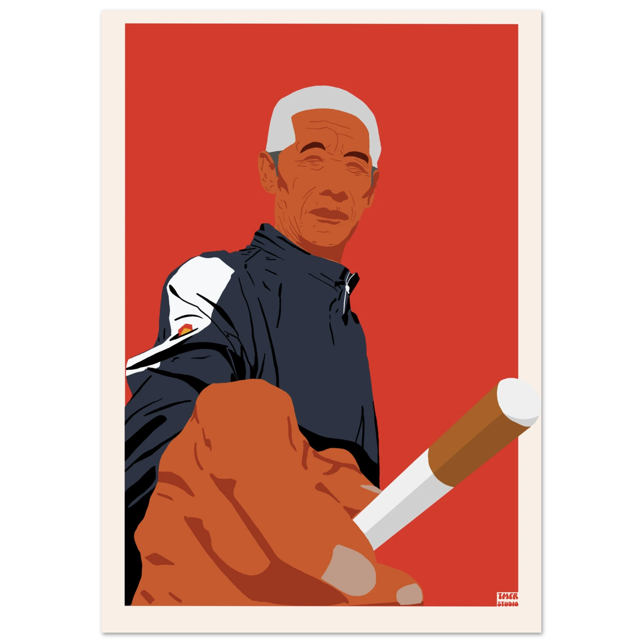 Bold illustrated portrait of an elderly man with white hair wearing a navy and white track jacket, holding a cigarette toward the viewer, set against a bright red background