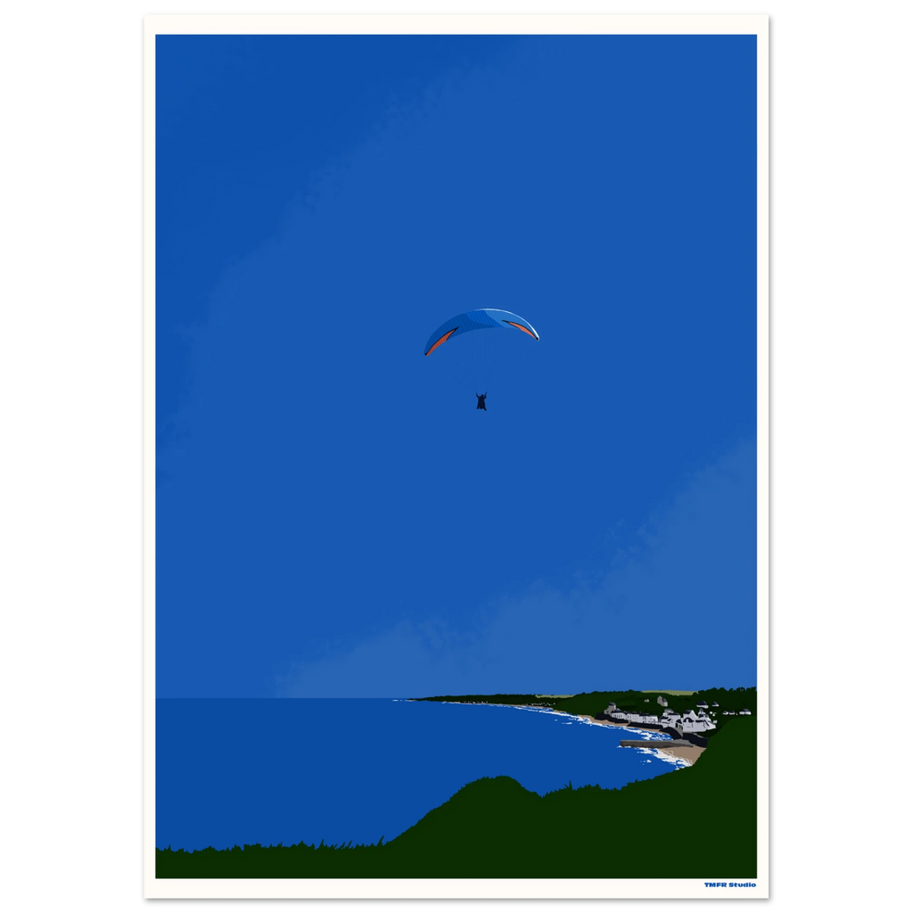 Illustration of a paraglider with a blue and orange canopy flying high above a coastline with cliffs and a village

