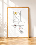 framed Minimalist line illustration of an open window with a sun and a heart shaped smoke trail rising from a coffee cup and cigarette
