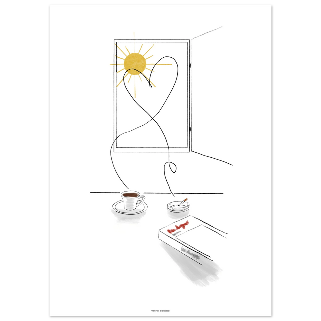 Minimalist line illustration of an open window with a sun and a heart shaped smoke trail rising from a coffee cup and cigarette
