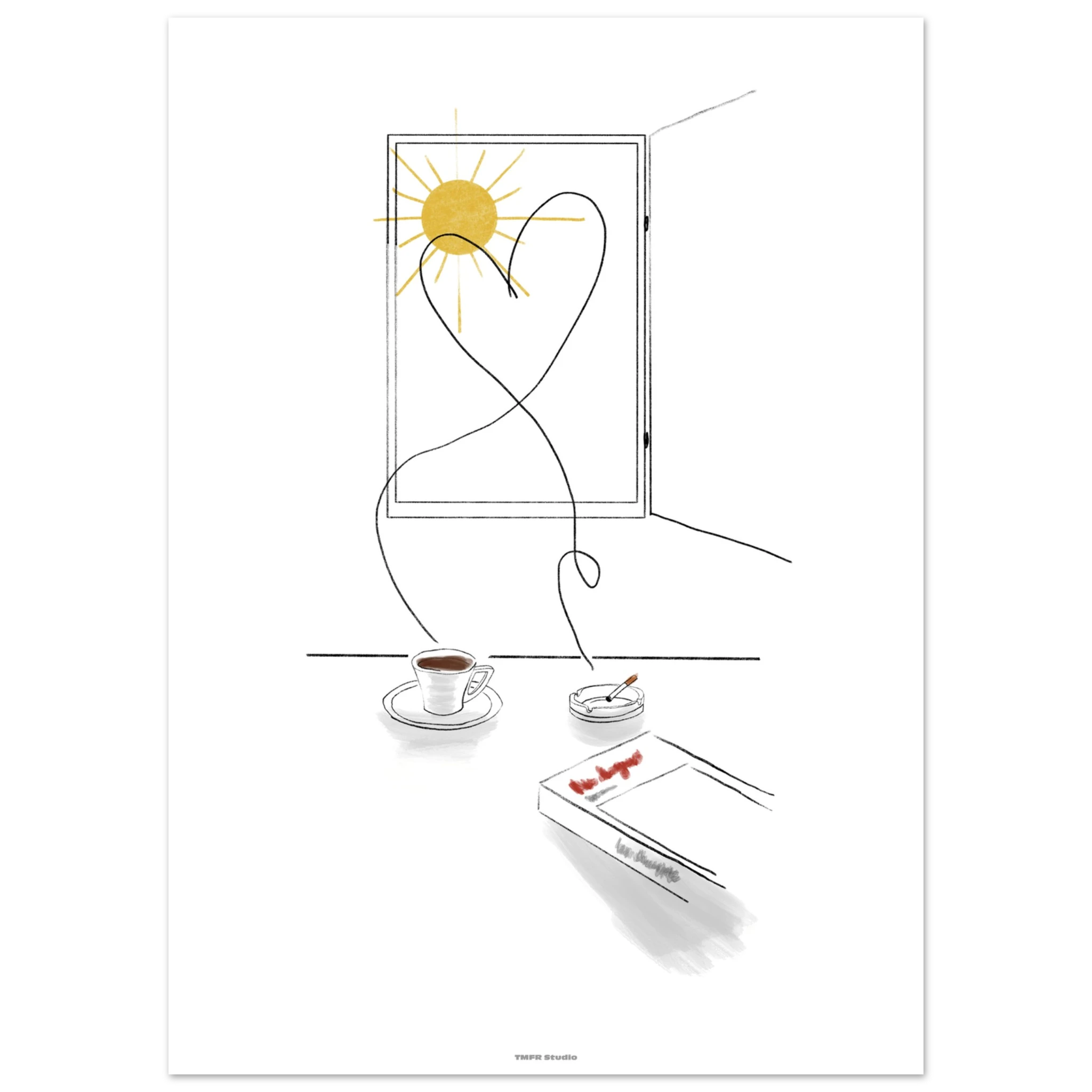 Minimalist line illustration of an open window with a sun and a heart shaped smoke trail rising from a coffee cup and cigarette
