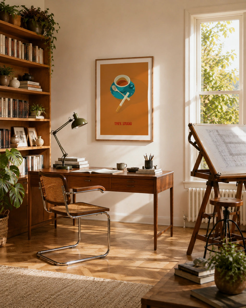Coffee Break framed poster hanging in a study with a wooden desk and bookshelf
