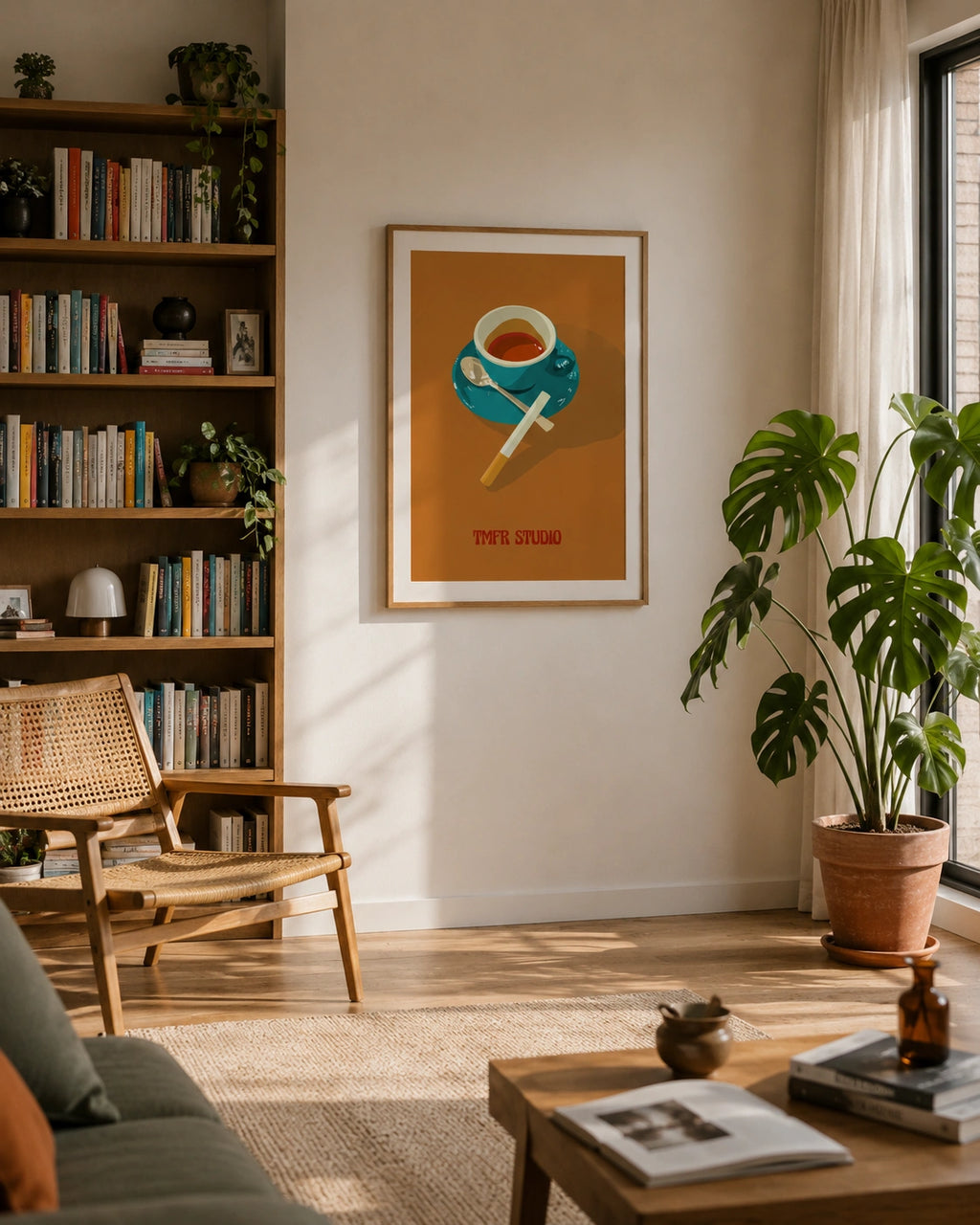 Coffee Break framed poster hanging in a living room with a wicker chair and bookshelf
