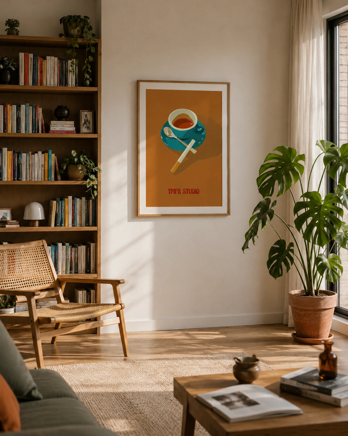 Coffee Break framed poster hanging in a living room with a wicker chair and bookshelf
