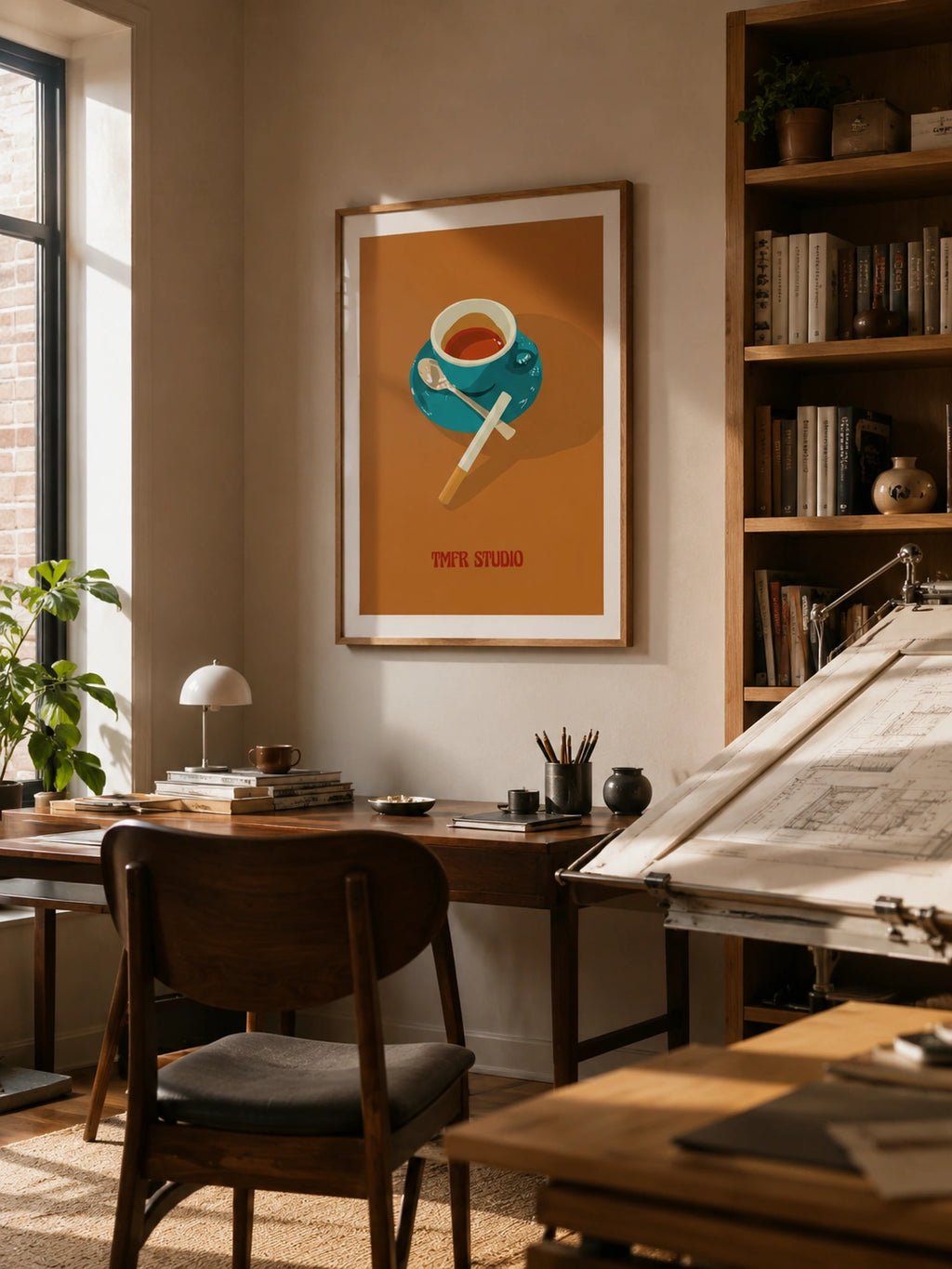 Coffee Break framed poster hanging above a wooden desk in a home office with a drafting table
