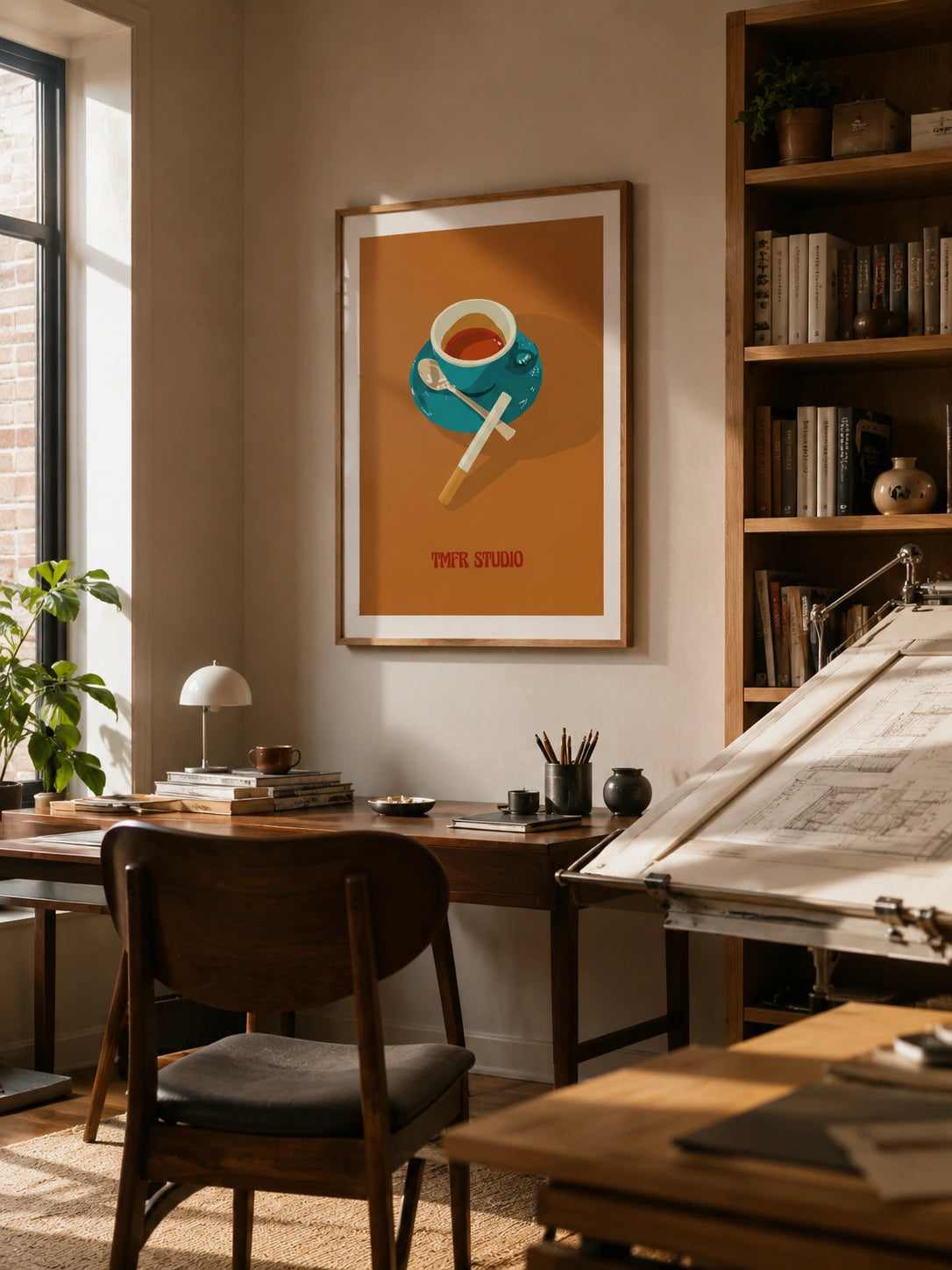 Coffee Break framed poster hanging above a wooden desk in a home office with a drafting table
