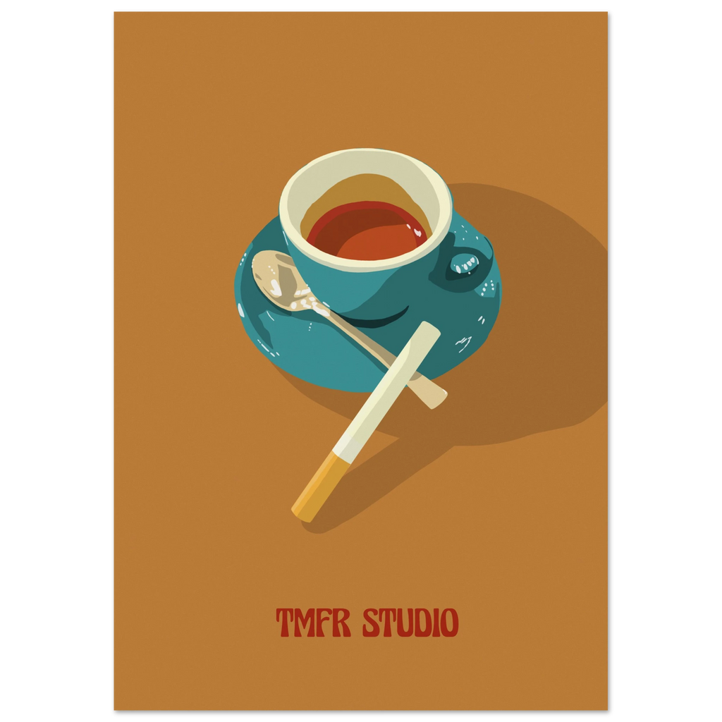 Illustration of a coffee cup with a spoon and a cigarette resting on a saucer, on an orange background with TMFR Studio text
