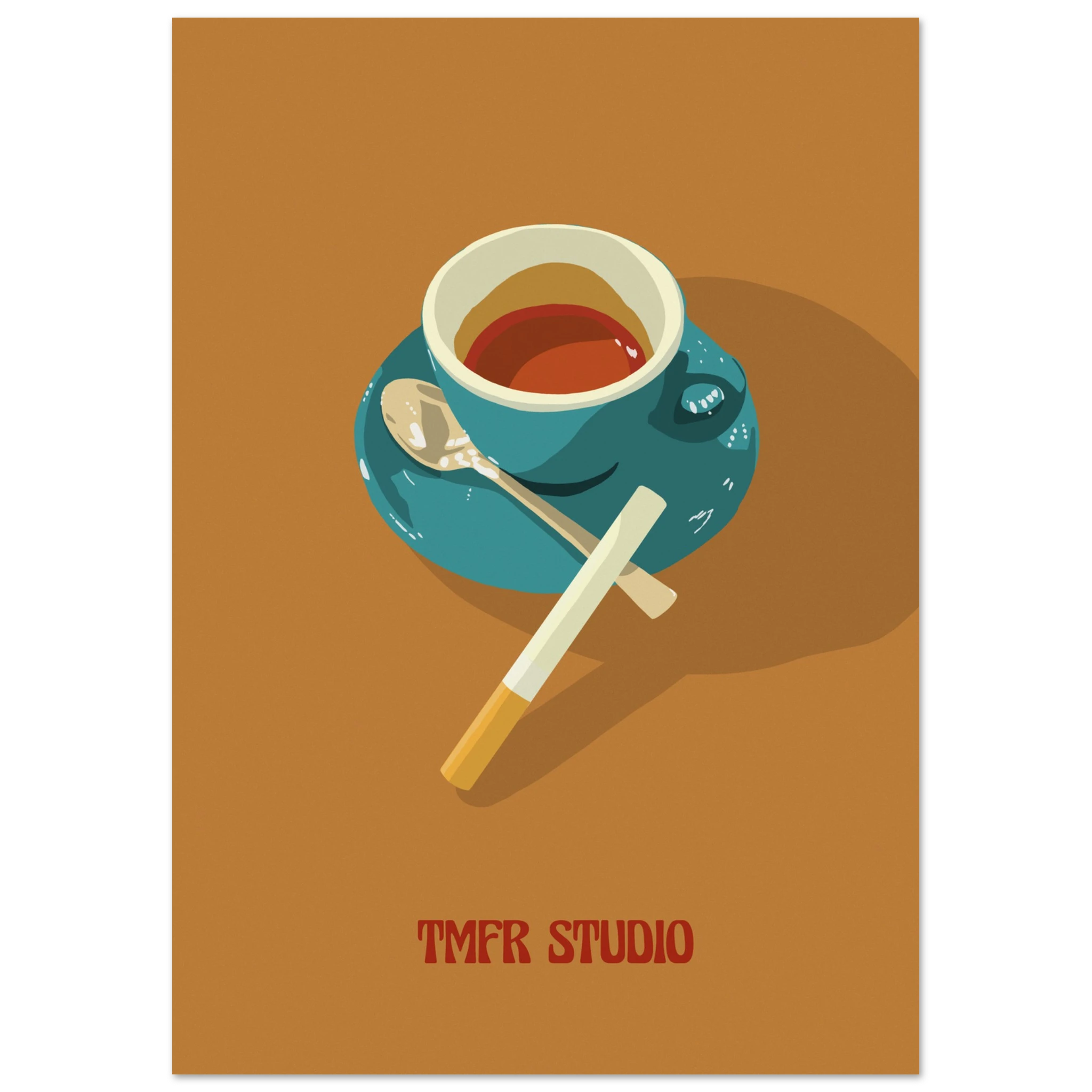 Illustration of a coffee cup with a spoon and a cigarette resting on a saucer, on an orange background with TMFR Studio text
