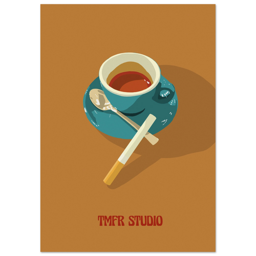 Illustration of a coffee cup with a spoon and a cigarette resting on a saucer, on an orange background with TMFR Studio text
