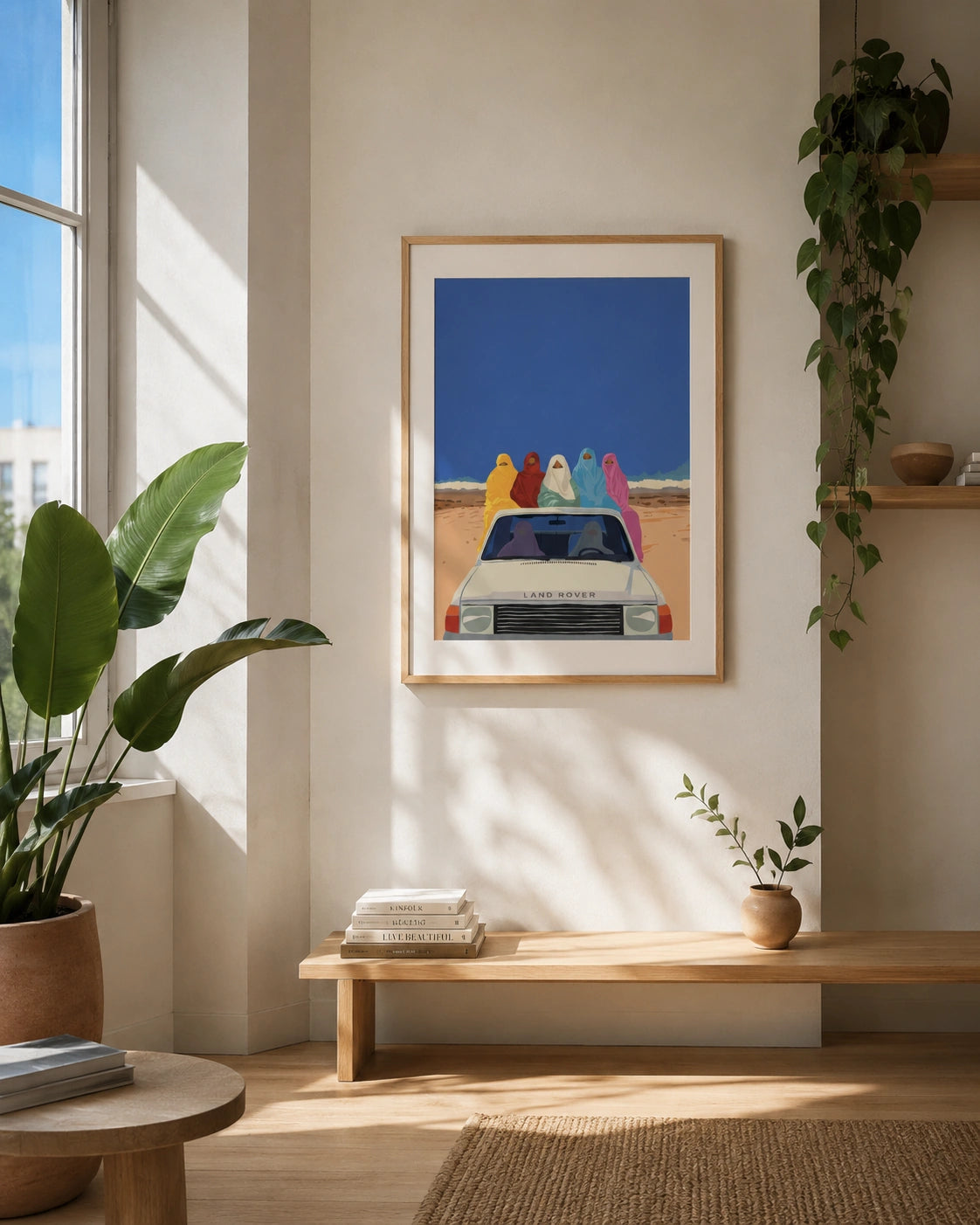 Land Rover desert poster with colorfully dressed women leaning against a wall near plants and a window
