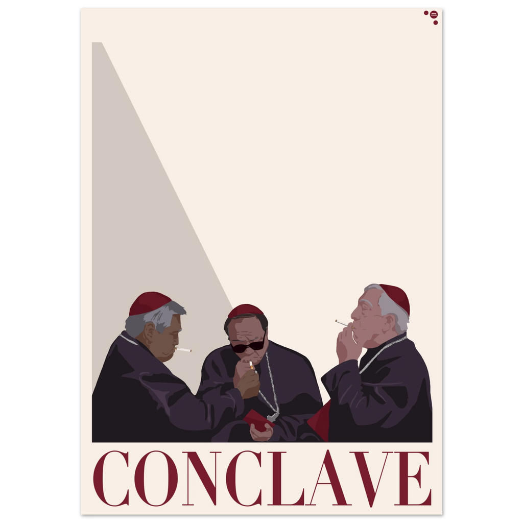 Minimalist illustration of three cardinals in purple cassocks smoking cigarettes against a cream background, with the title Conclave in burgundy letters
