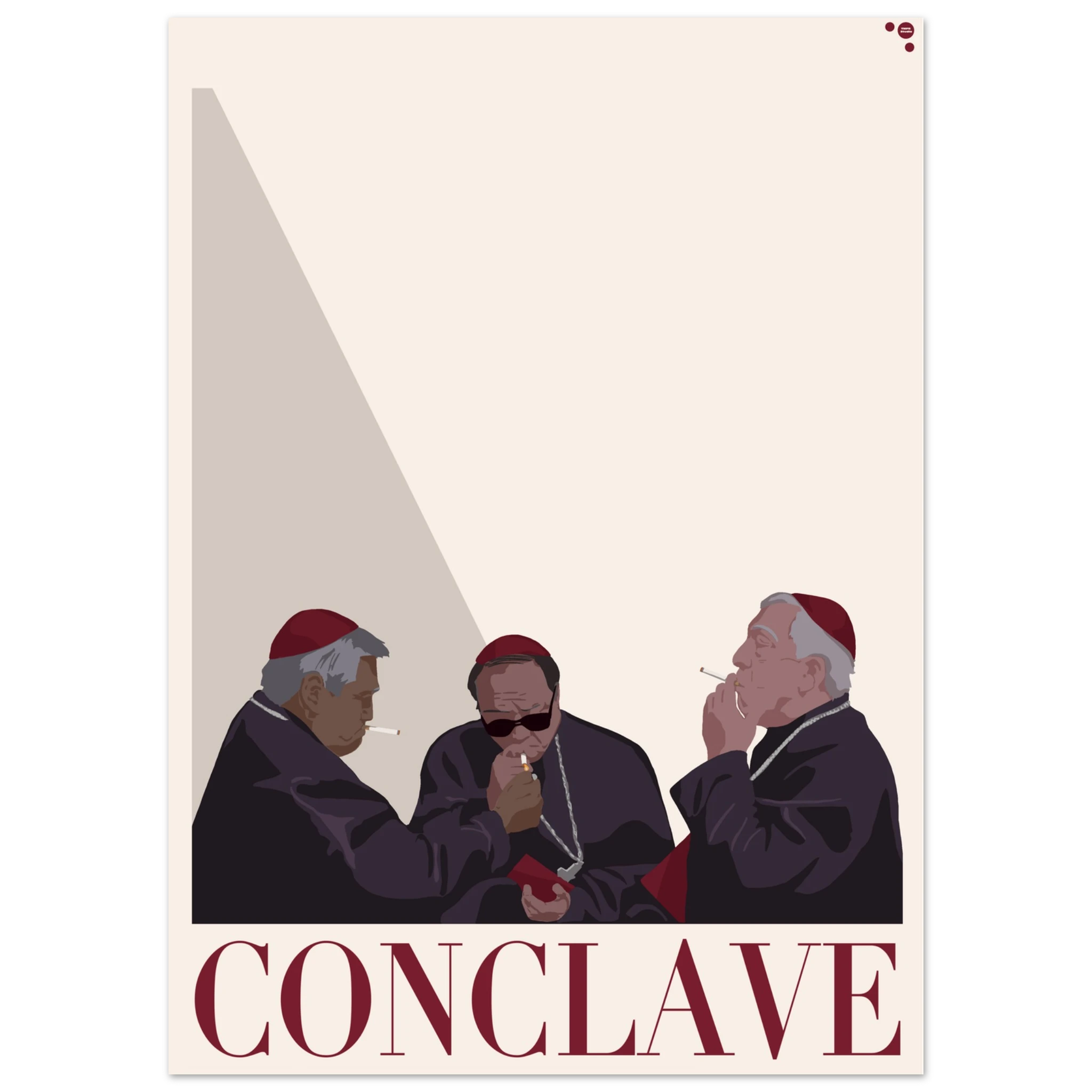 Minimalist illustration of three cardinals in purple cassocks smoking cigarettes against a cream background, with the title Conclave in burgundy letters
