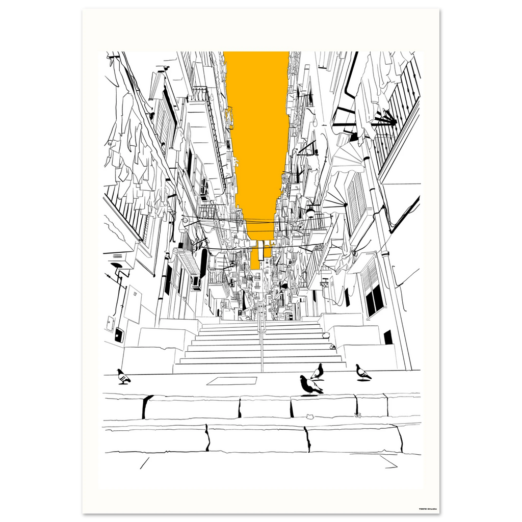 Abstract architectural illustration with a yellow vertical element on a white background