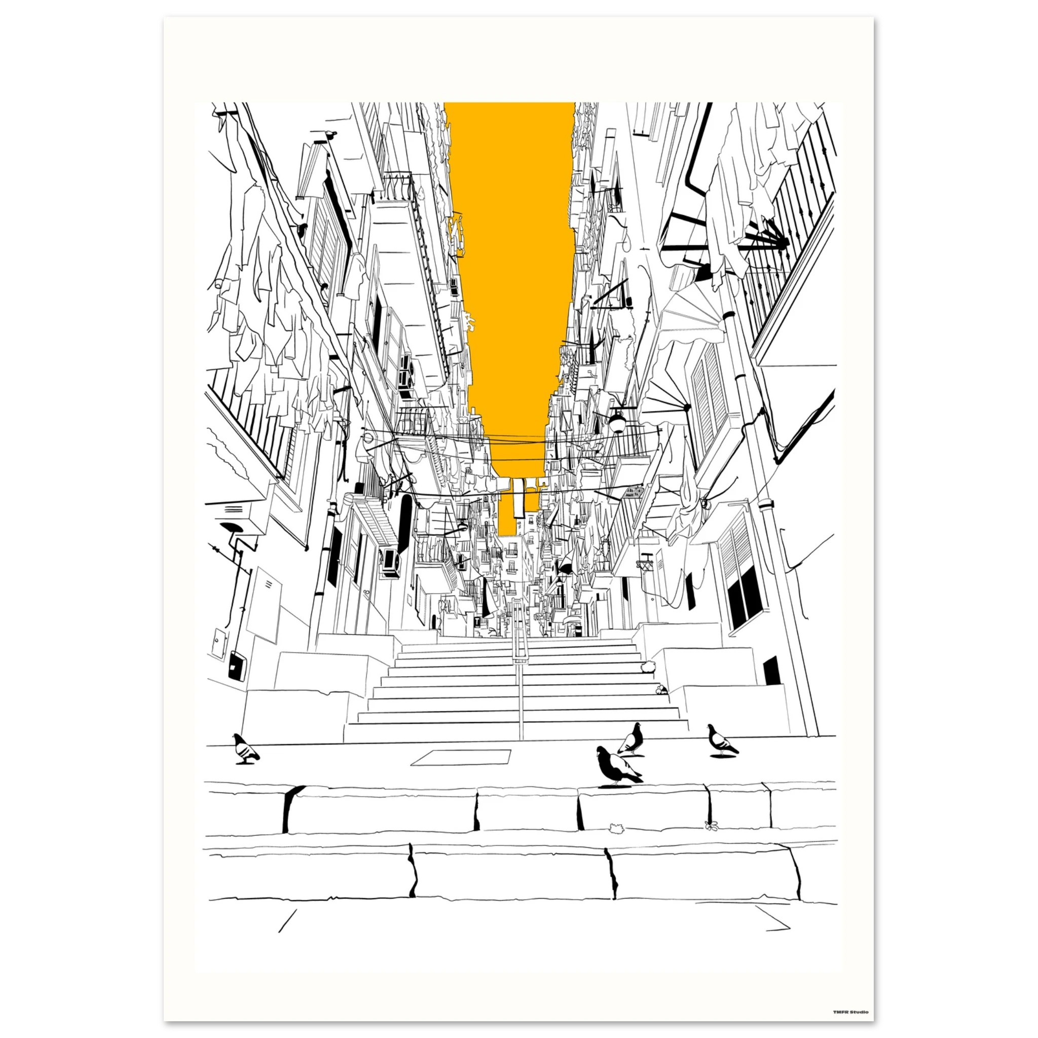 Abstract architectural illustration with a yellow vertical element on a white background