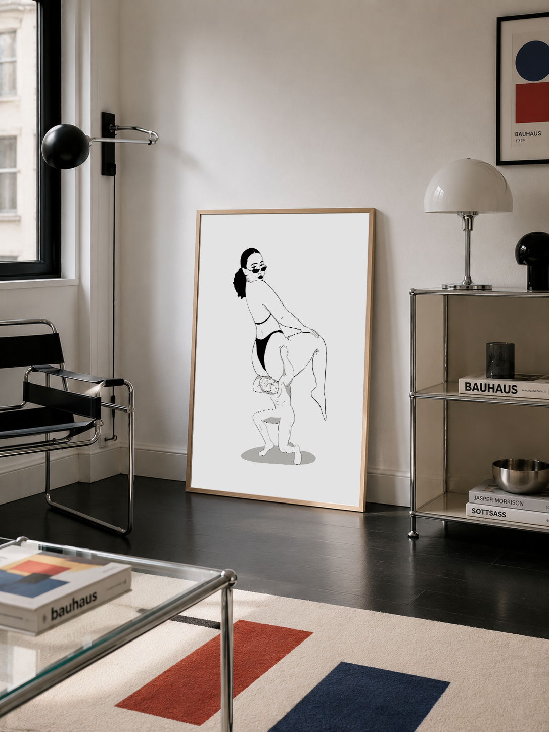 framed poster of atlass carrying a woman in a bauhaus apartment