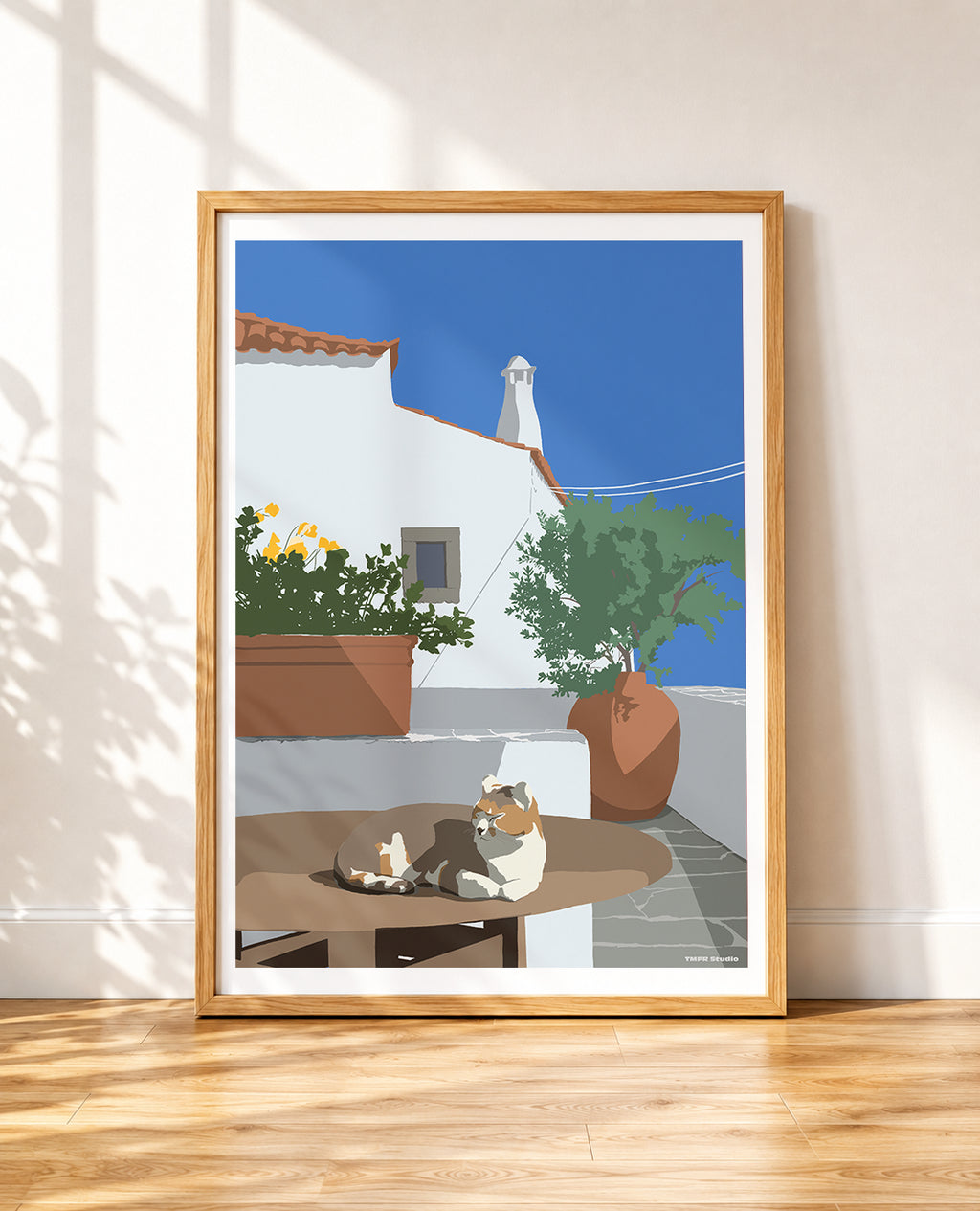 framed poster of a cat sleeping on a terrace in greece medditeranean