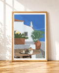 framed poster of a cat sleeping on a terrace in greece medditeranean