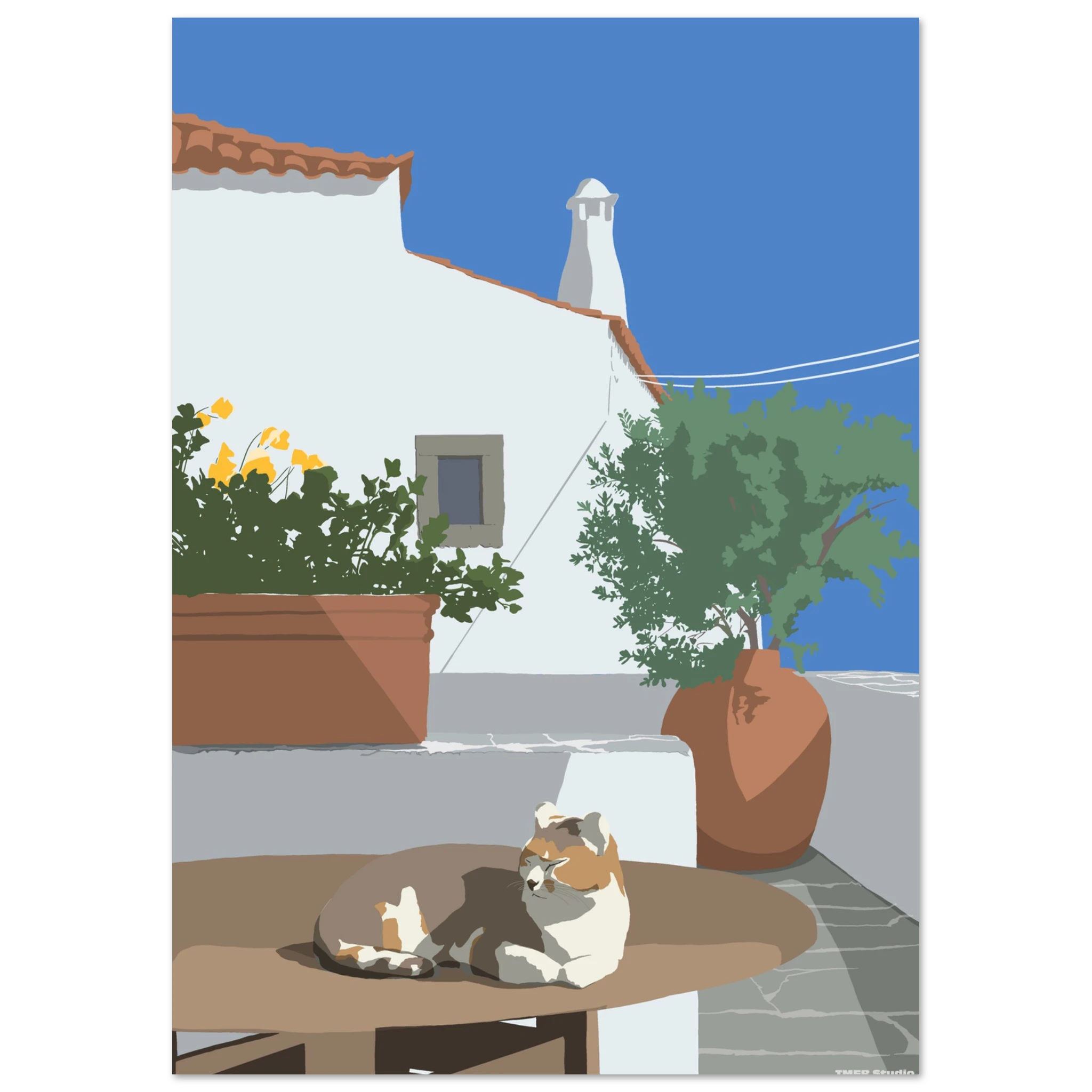 poster of a cat sleeping on a terrace in greece medditeranean