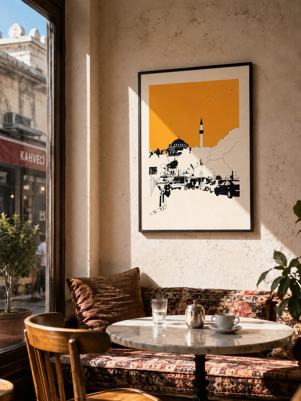 Istanbul mosque framed print hanging above a traditional Turkish café seating area with a marble table
