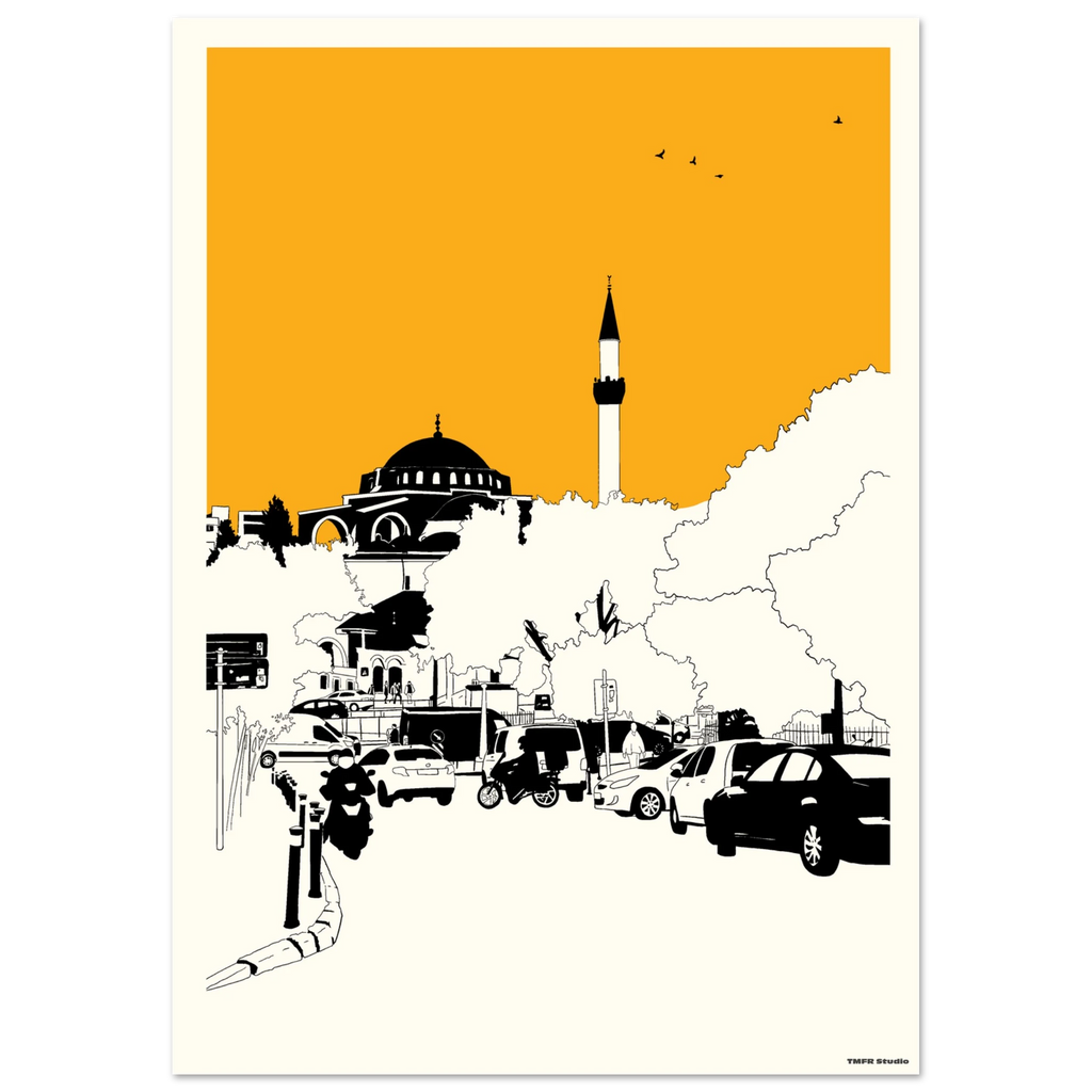  Istanbul mosque and minaret print with an yellow sky 
