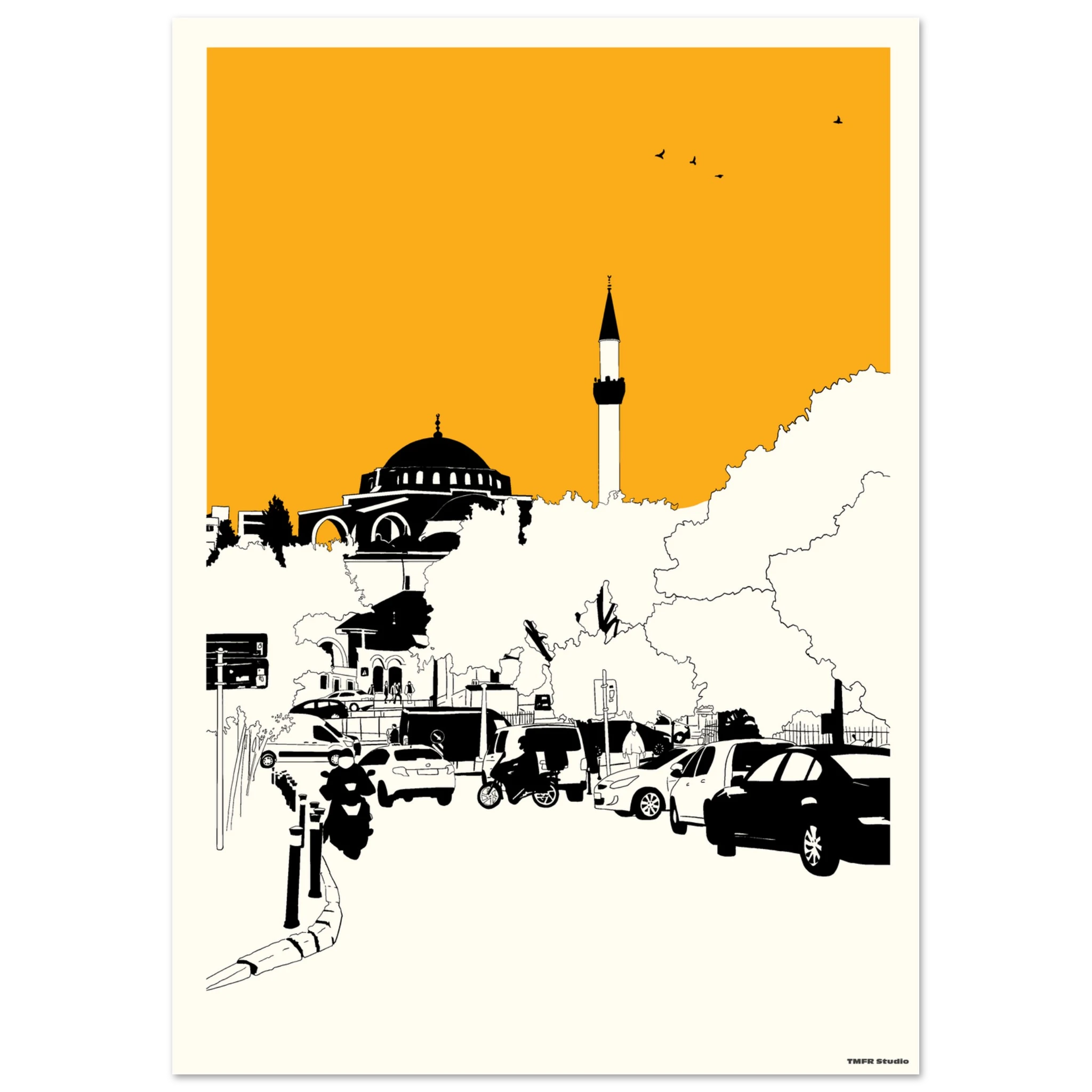  Istanbul mosque and minaret print with an yellow sky 