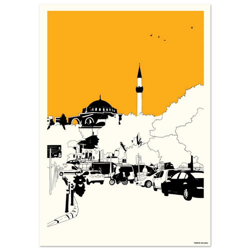  Istanbul mosque and minaret print with an yellow sky 