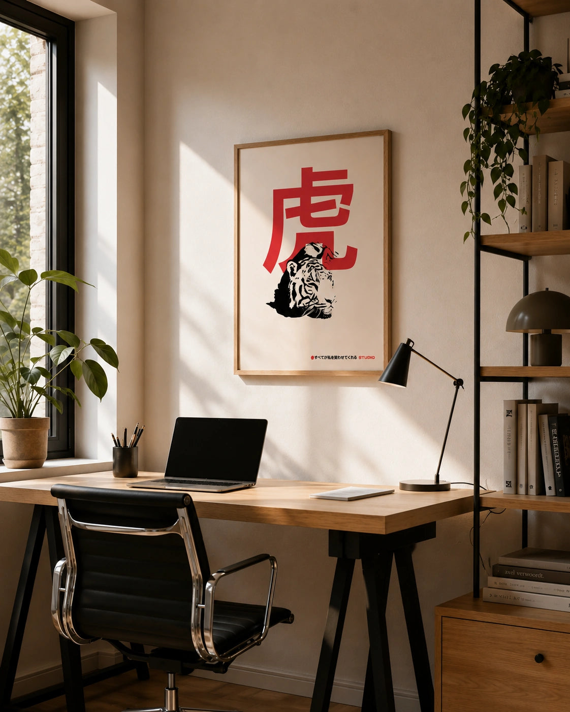Japanese Tiger framed poster hanging above a desk with a laptop in a home office
