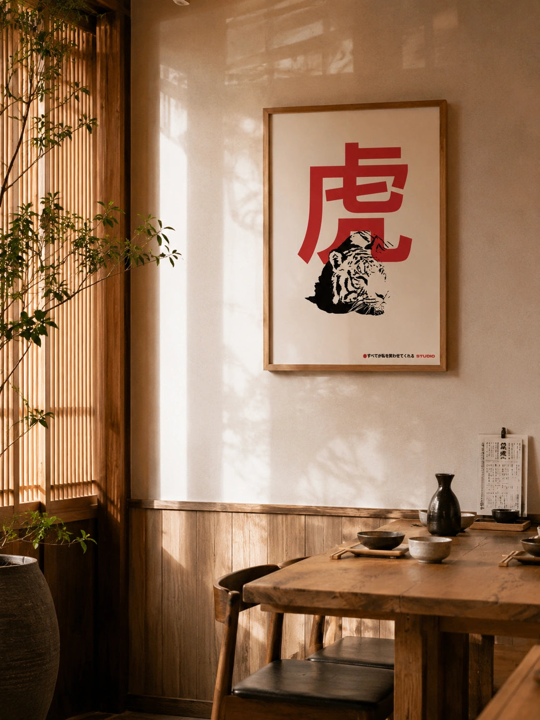 Japanese Tiger framed poster hanging in a traditional Japanese dining room with wooden table and bamboo blinds
