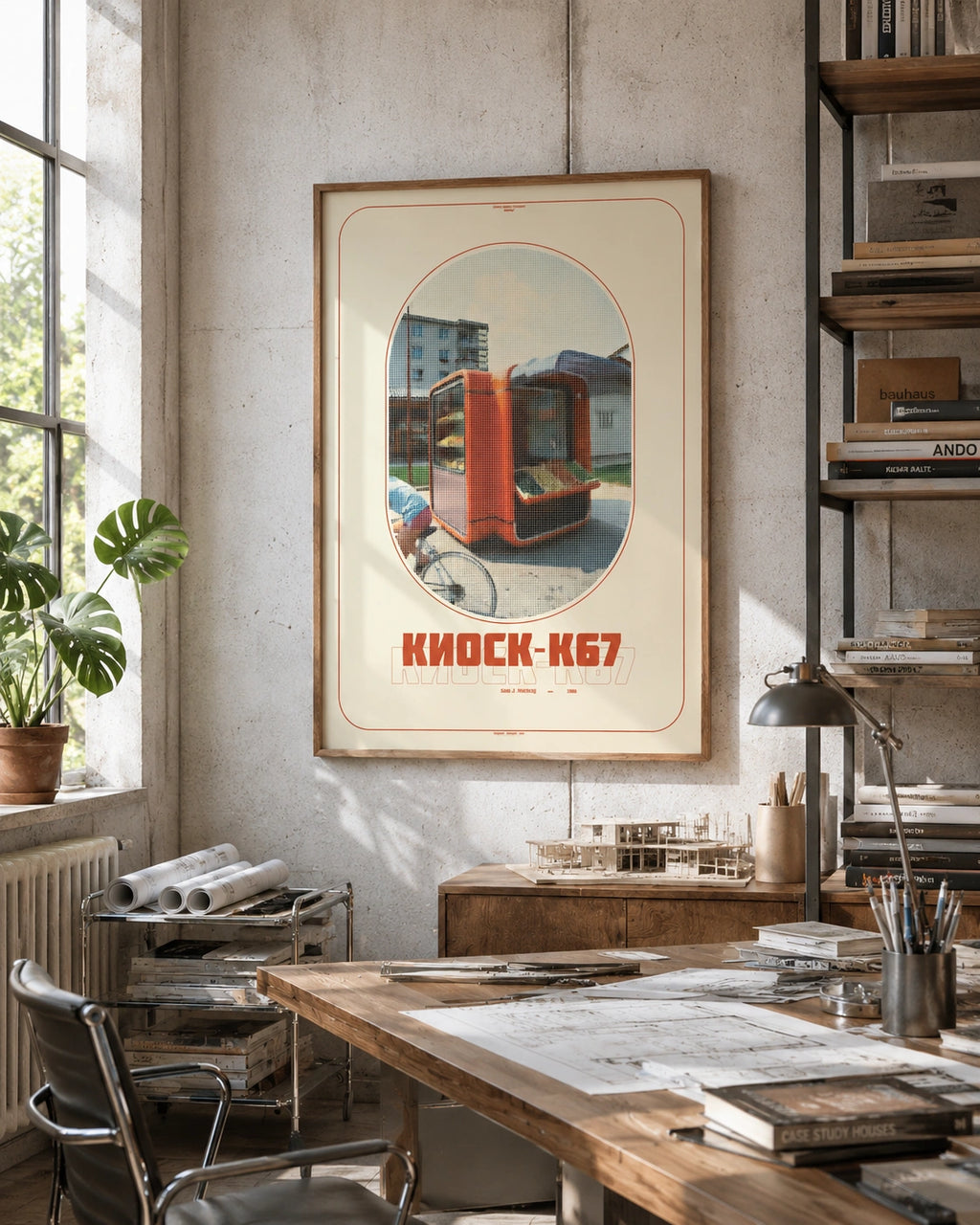 Kiosk K67 framed poster hanging in a modern wood-paneled office with a vintage desk and leather chair
