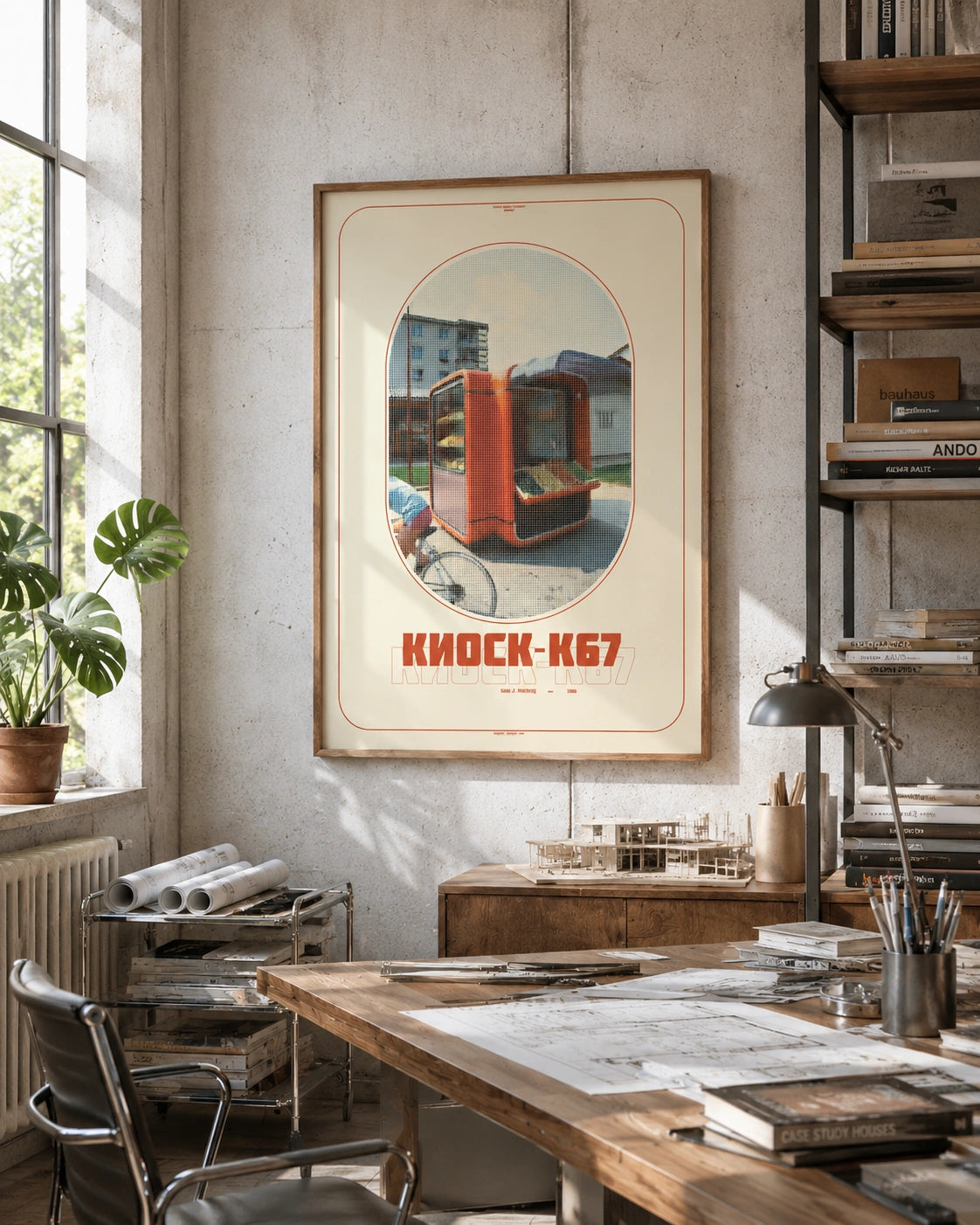 Kiosk K67 framed poster hanging in a modern wood-paneled office with a vintage desk and leather chair
