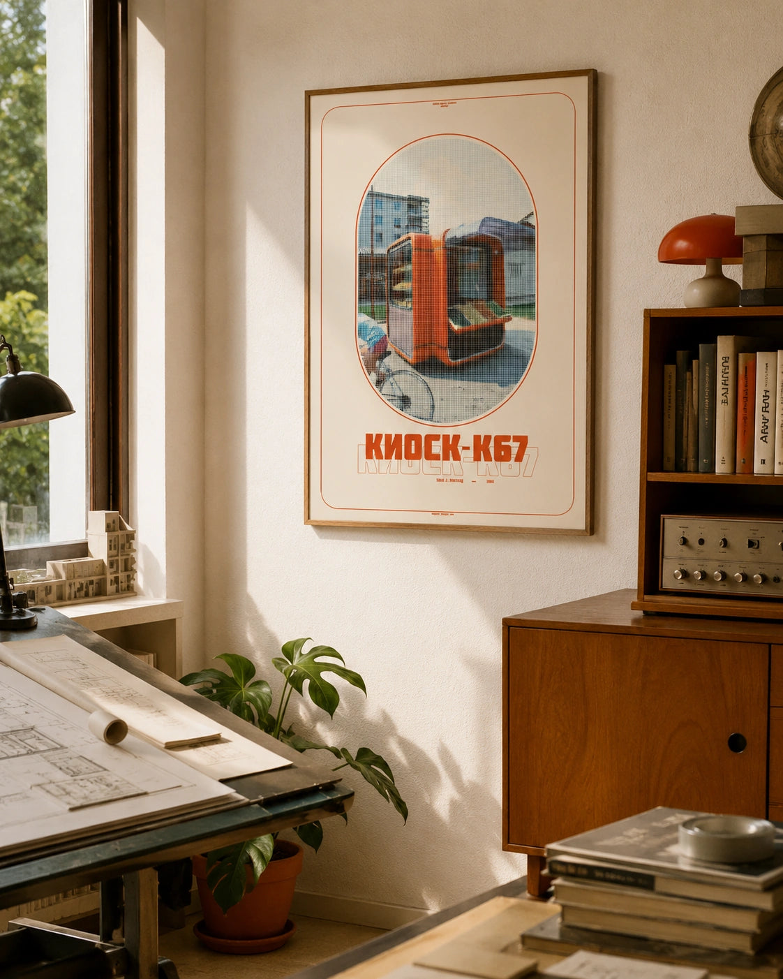 Kiosk K67 framed poster hanging near a drafting table with architectural models and plants
