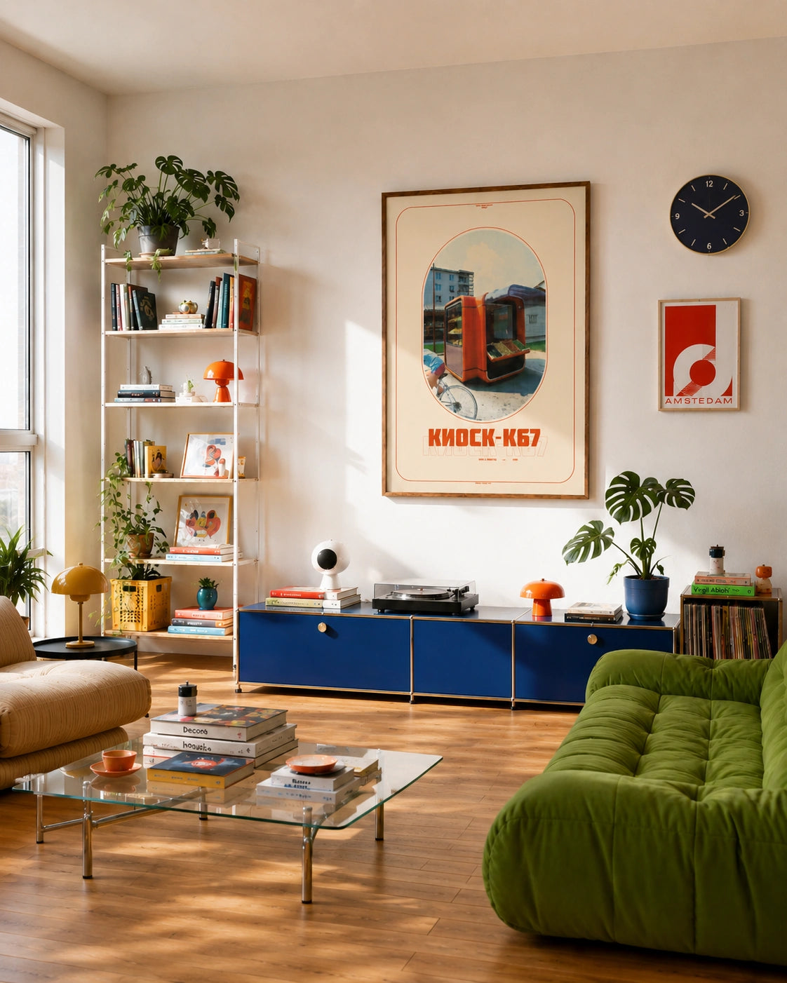 Kiosk K67 framed poster hanging in a retro living room with a green velvet sofa and blue sideboard
