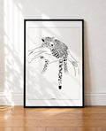framed Black and white line illustration of a leopard sleeping on a tree branch with its tail hanging down
