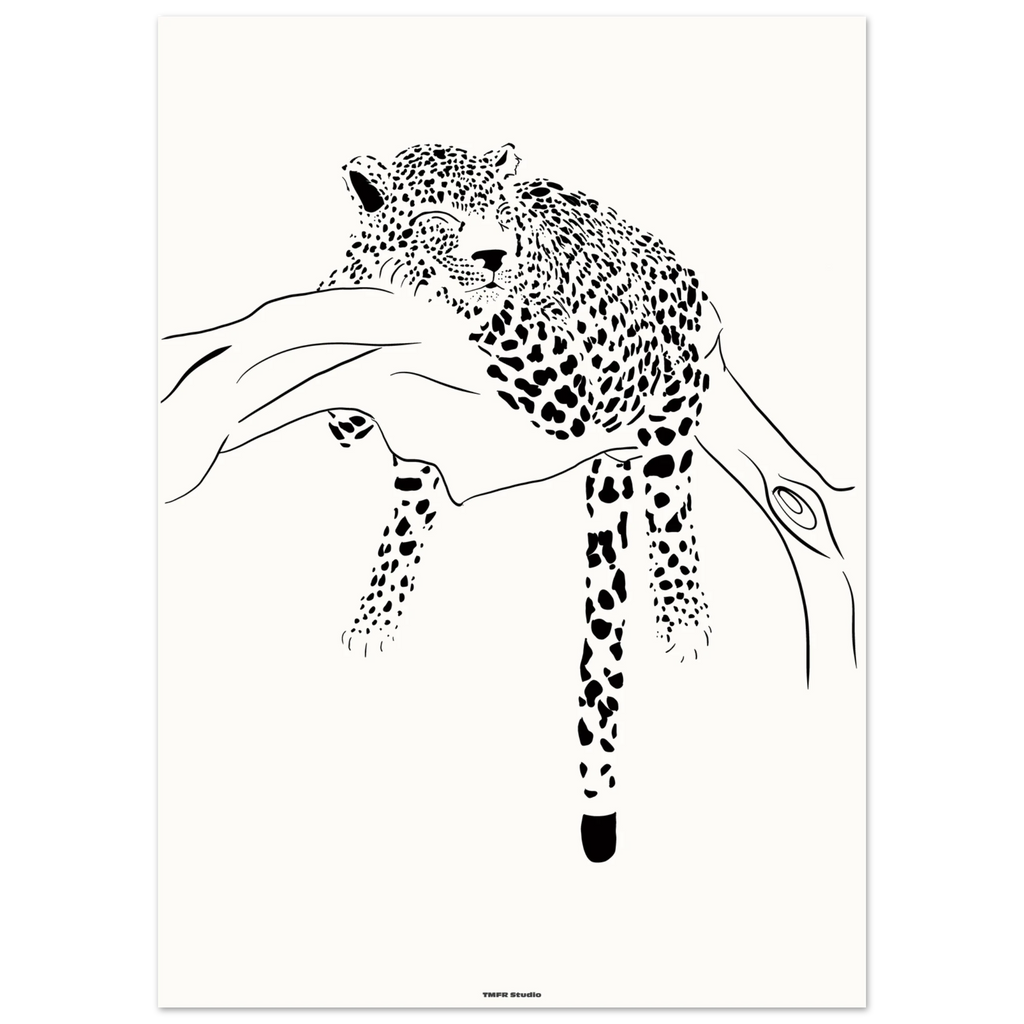 Black and white line illustration of a leopard sleeping on a tree branch with its tail hanging down
