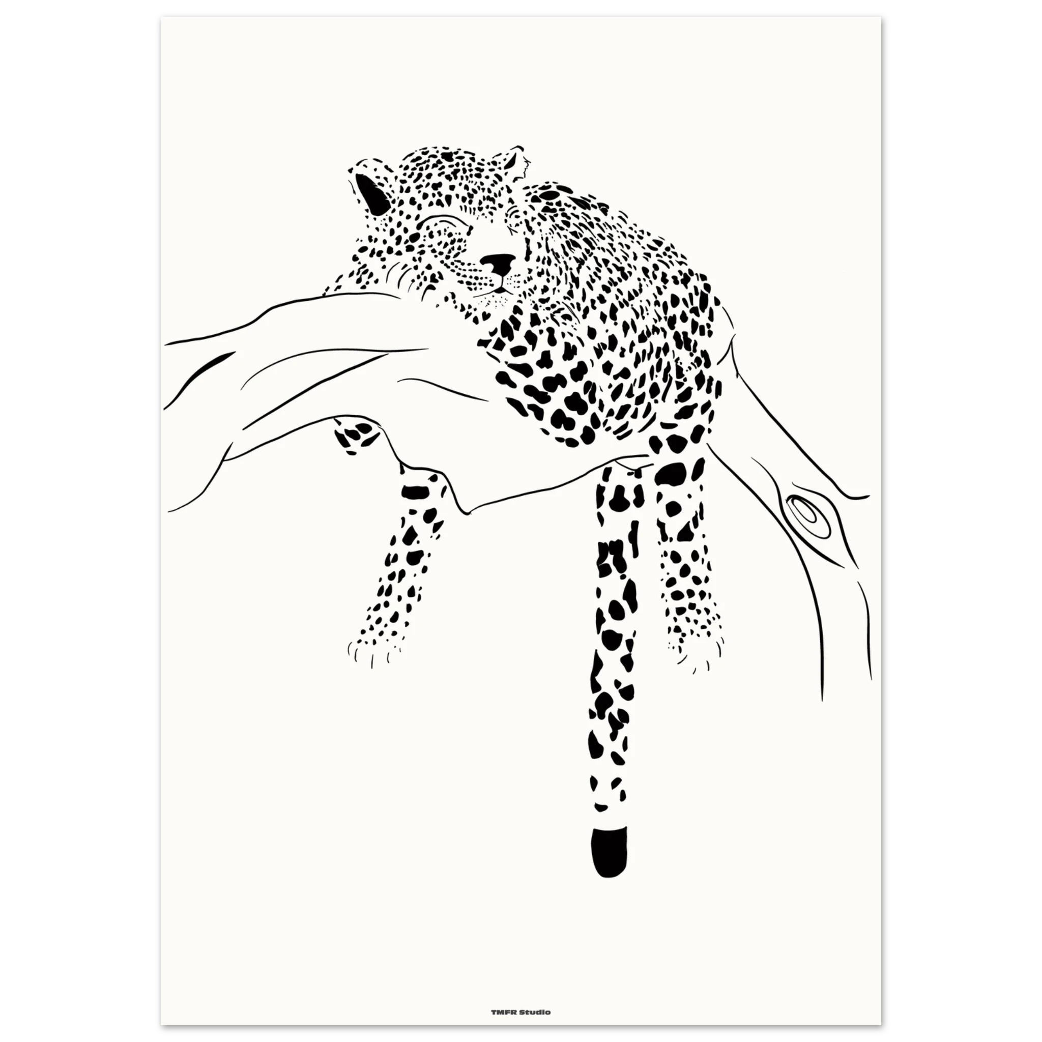 Black and white line illustration of a leopard sleeping on a tree branch with its tail hanging down
