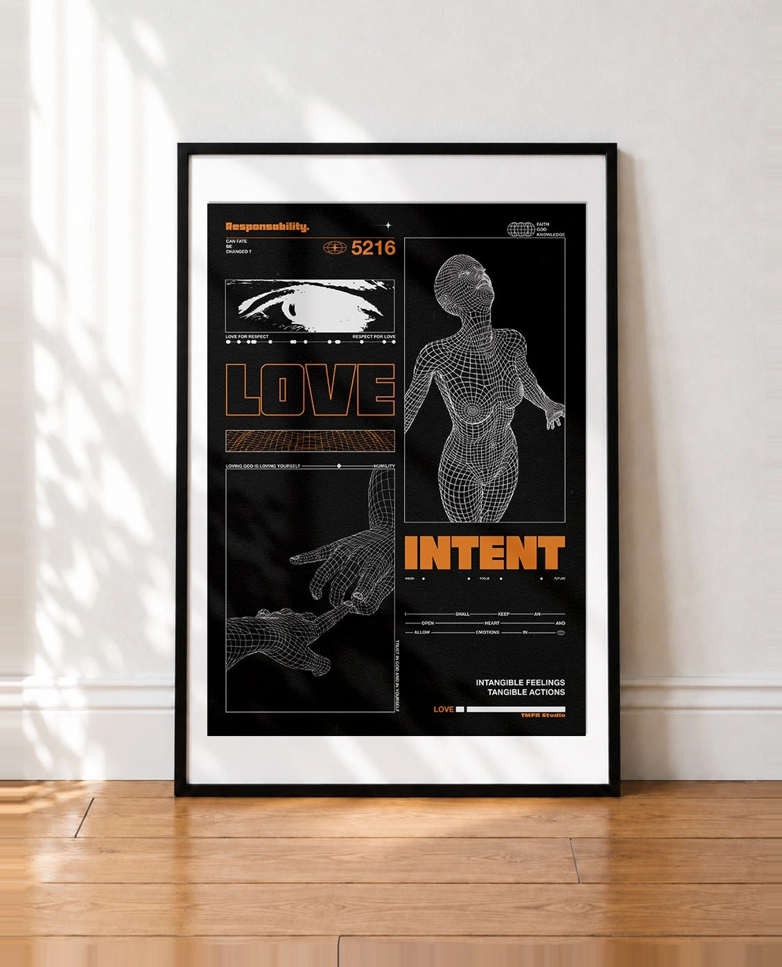 framed Cyberpunk style poster with a wireframe female figure, orange Love and Intent typography, and graphic data elements on black
