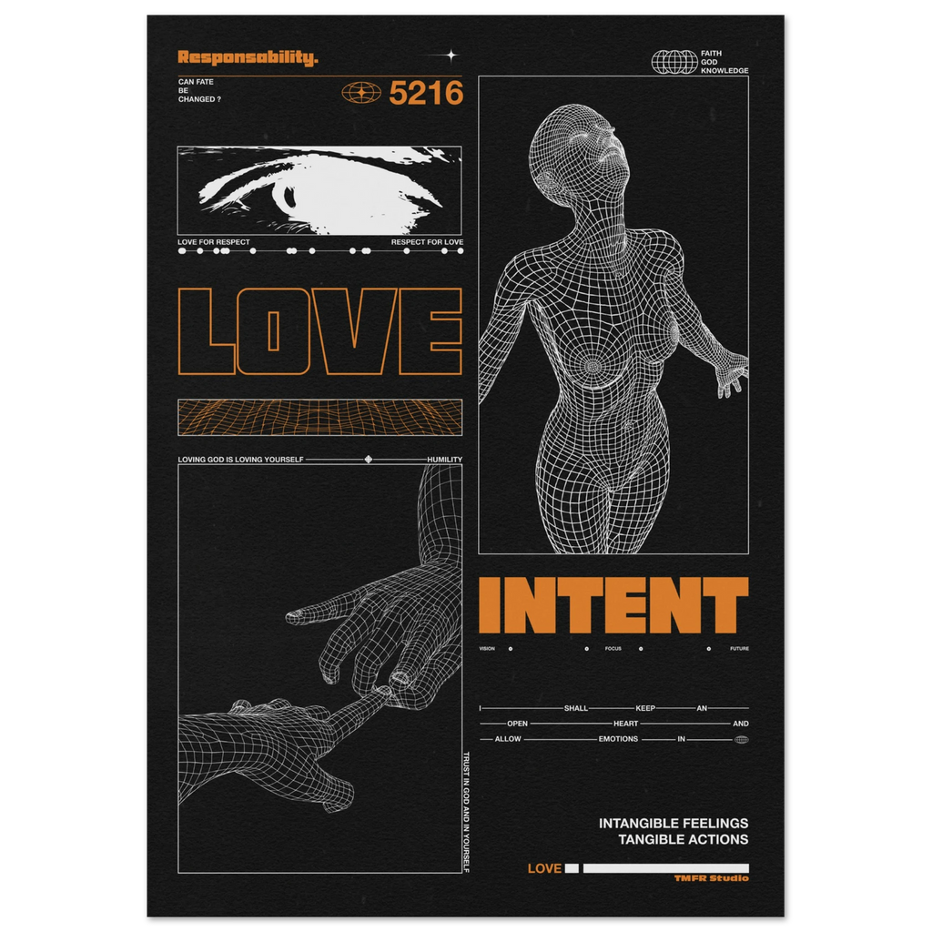 Cyberpunk style poster with a wireframe female figure, orange Love and Intent typography, and graphic data elements on black
