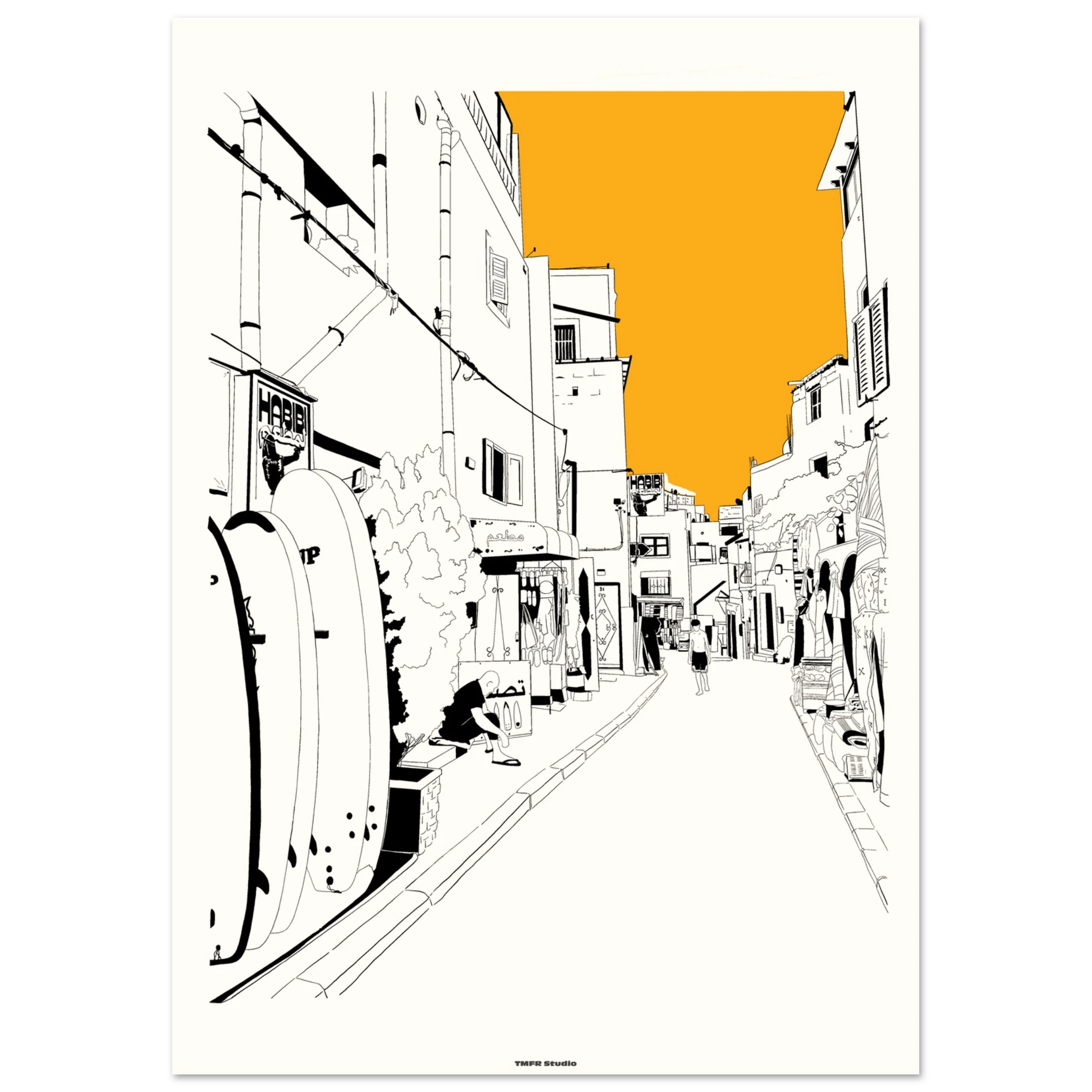 Black framed Taghazout street print with surfboards and an orange sky
