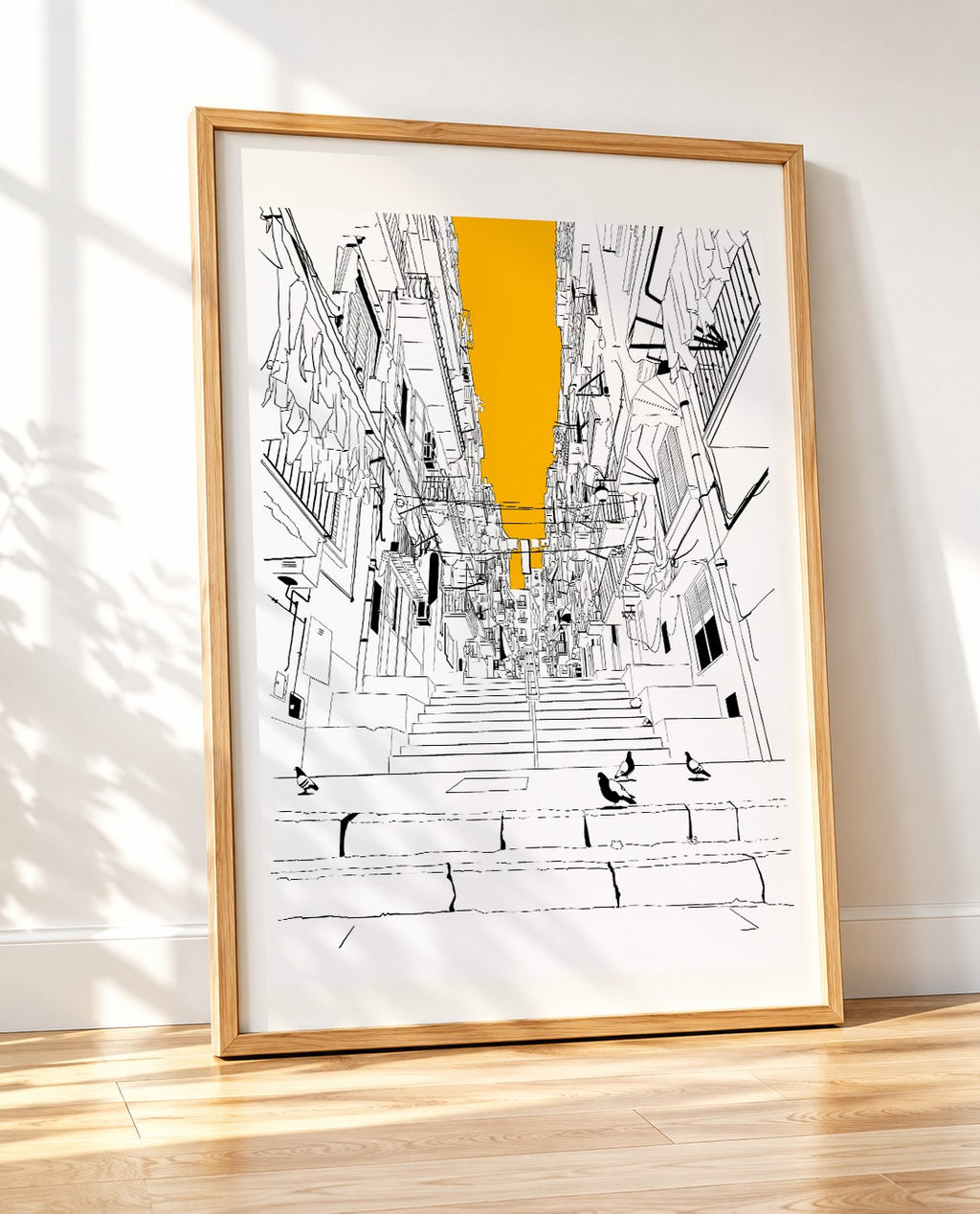 Wooden framed print of a Naples staircase alley illustration with pigeons, leaning against a wall on a wooden floor
