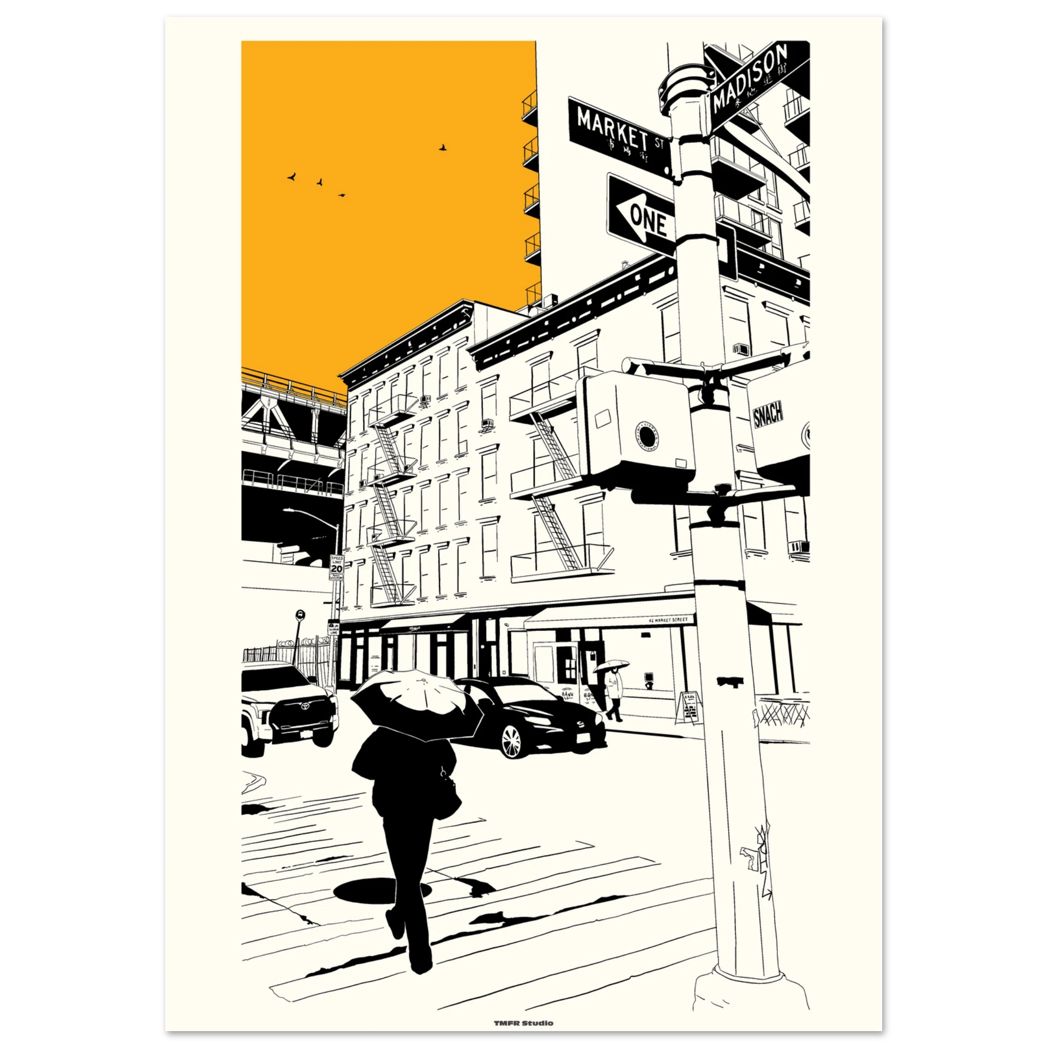 Illustration of a city street corner with buildings, street signs, and a person crossing the street.