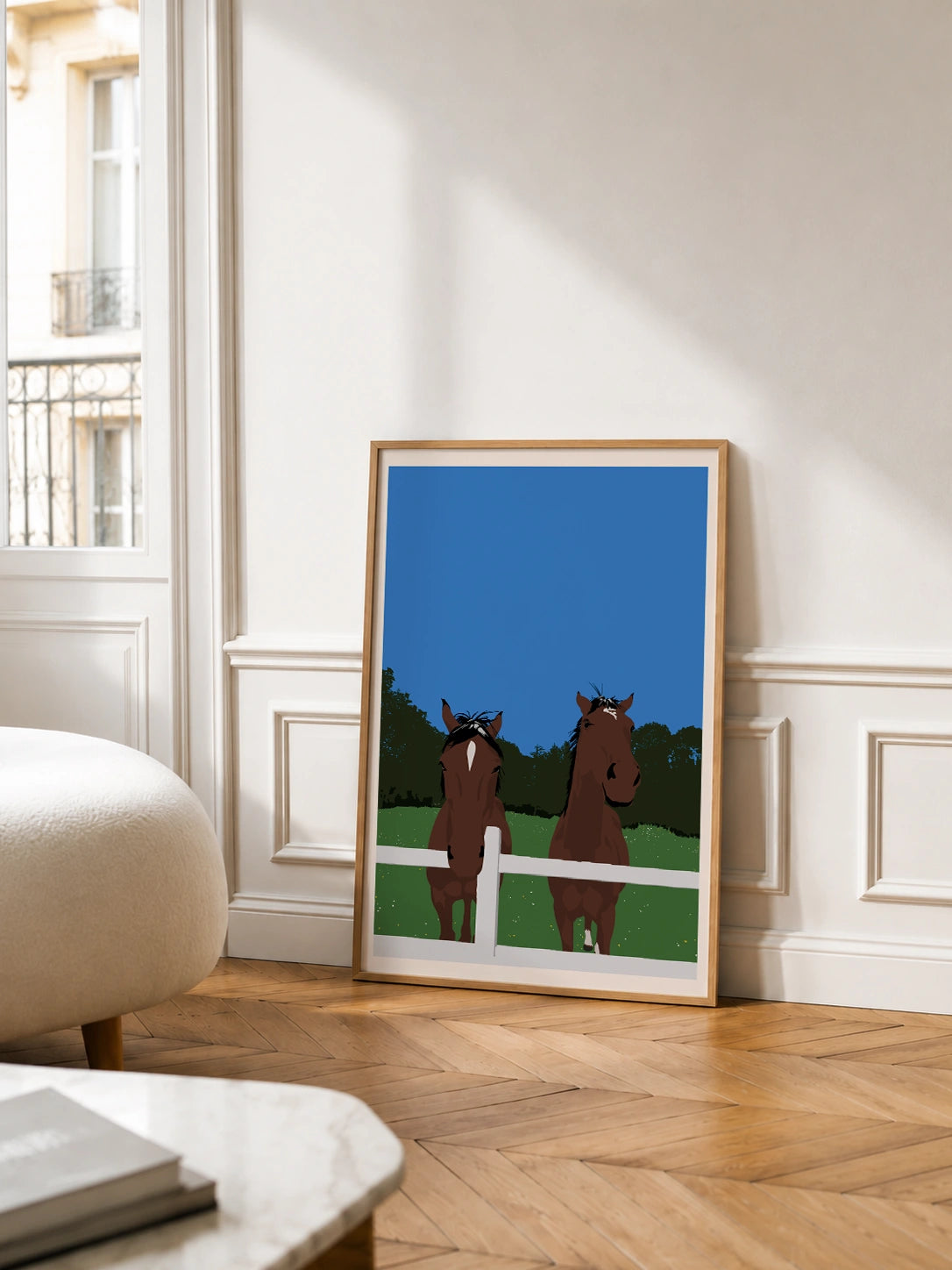 Normandy Horses framed poster in a Parisian living room with wood paneling and a balcony view
