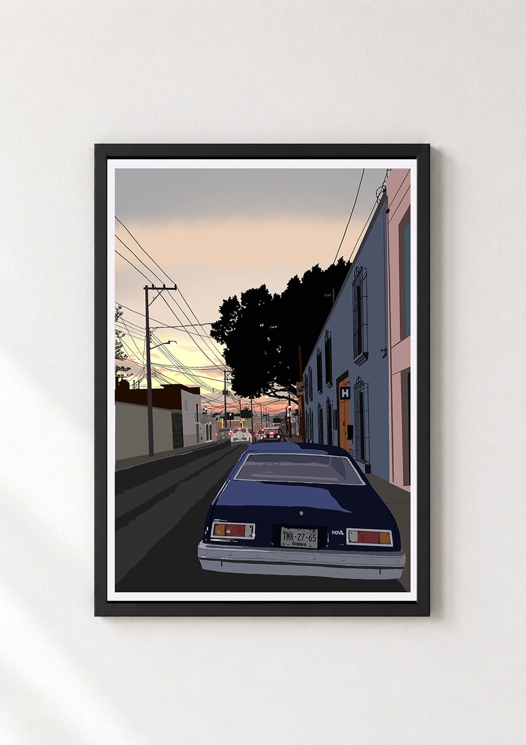 Oaxaca Nova poster in a thin black frame with a white mat, displayed against a plain white wall
